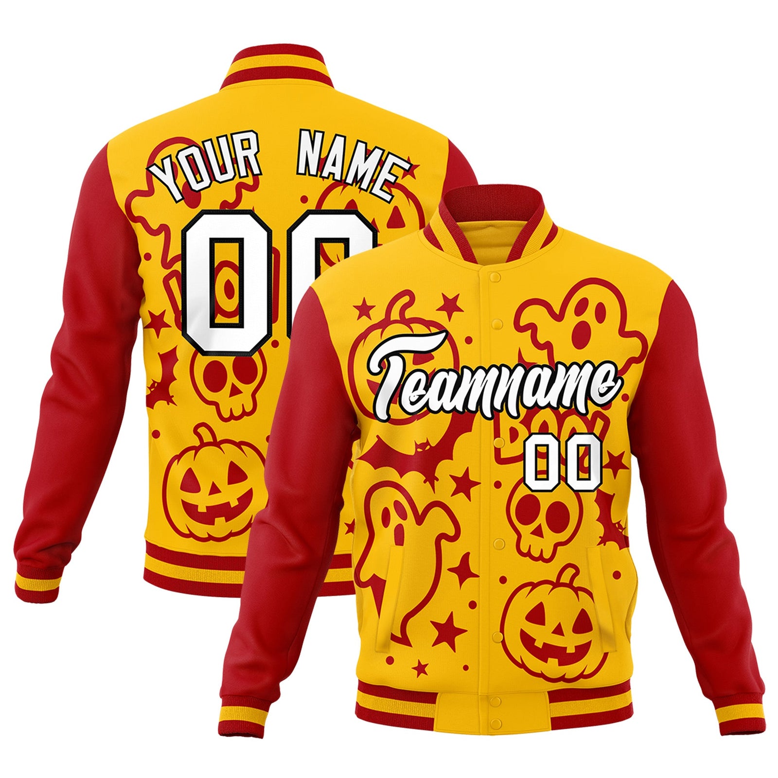Custom Gold Red White Bats Pumpkins Ghost Patterns Halloween Letterman Jacket | Custom Letterman Jacket,Add Name and Numbern,Sublimation Printed & Stitched,Perfect for Parties | KXKSHOP