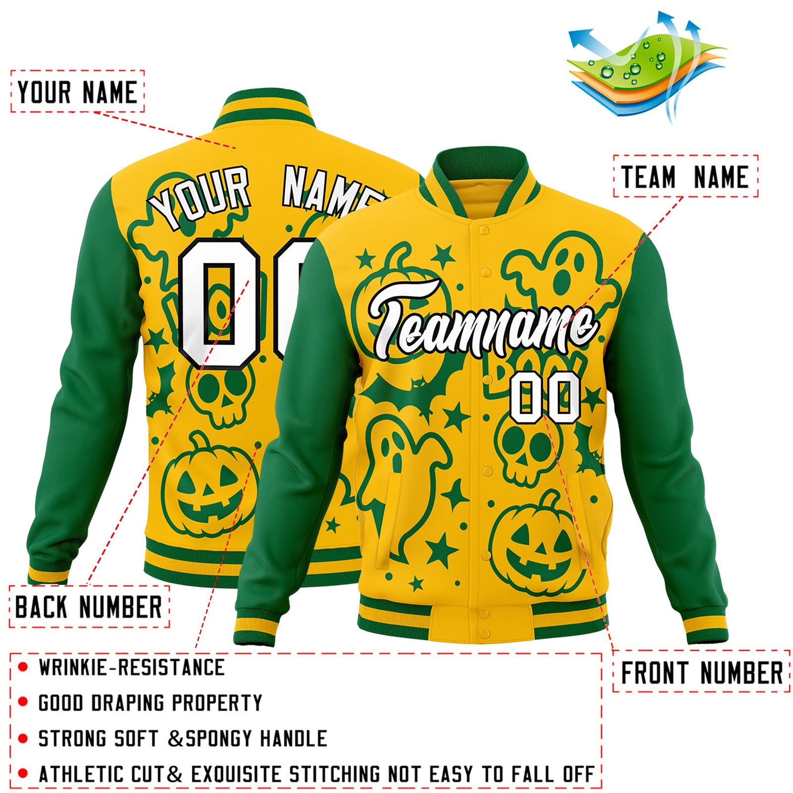 Custom Gold Kelly Green White Bats Pumpkins Ghost Patterns Halloween Letterman Jacket | Custom Letterman Jacket,Add Name and Numbern,Sublimation Printed & Stitched,Perfect for Parties | KXKSHOP