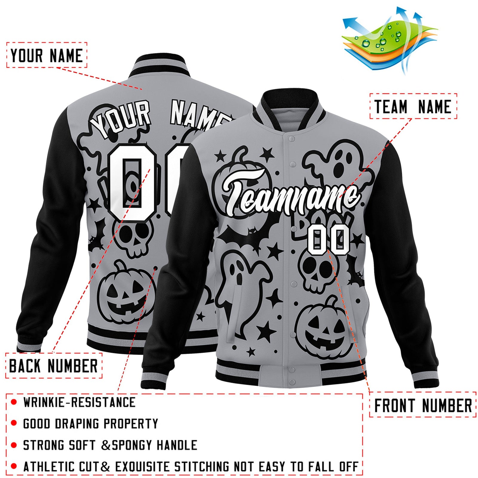 Custom Gray Black White Bats Pumpkins Ghost Patterns Halloween Letterman Jacket | Custom Letterman Jacket,Add Name and Numbern,Sublimation Printed & Stitched,Perfect for Parties | KXKSHOP