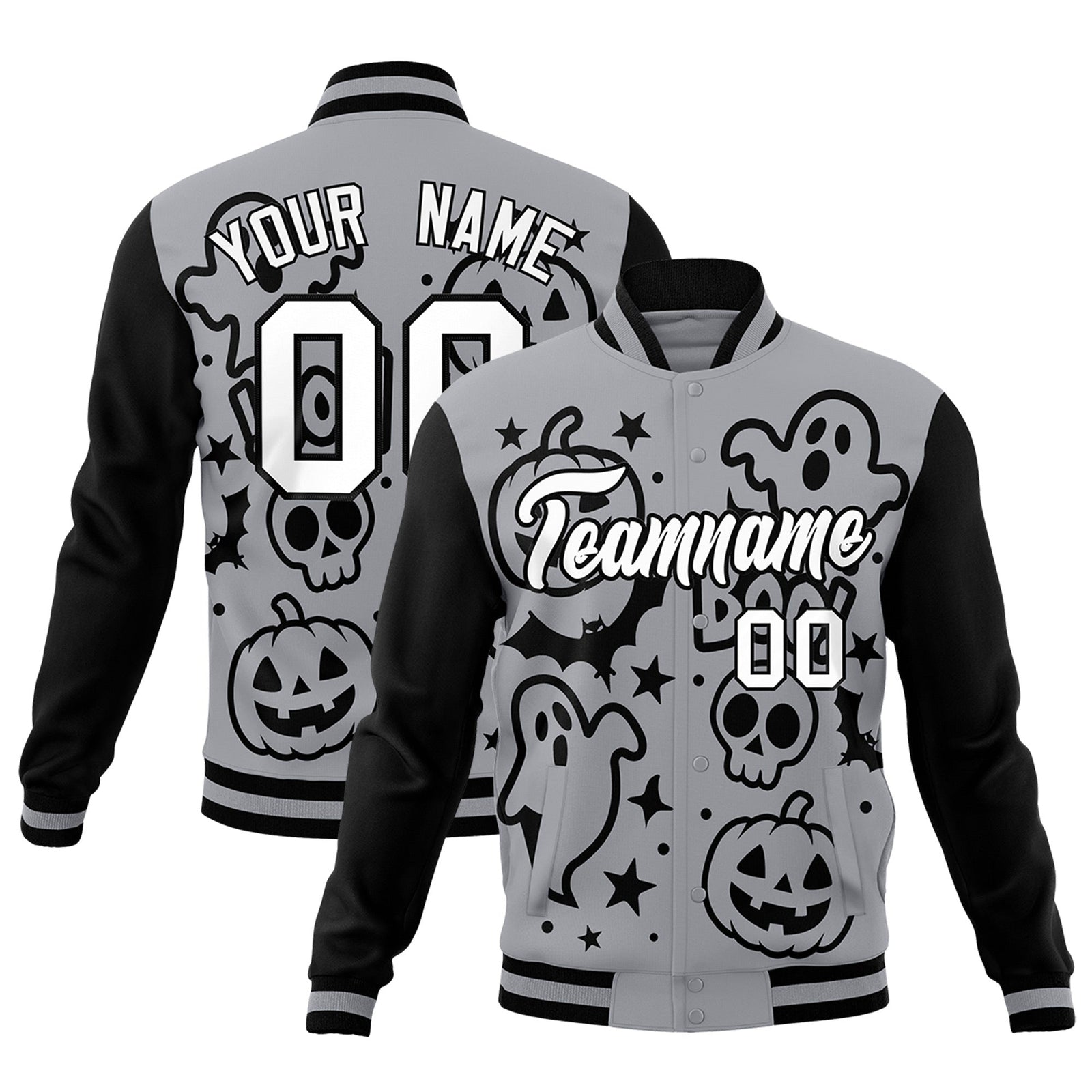 Custom Gray Black White Bats Pumpkins Ghost Patterns Halloween Letterman Jacket | Custom Letterman Jacket,Add Name and Numbern,Sublimation Printed & Stitched,Perfect for Parties | KXKSHOP