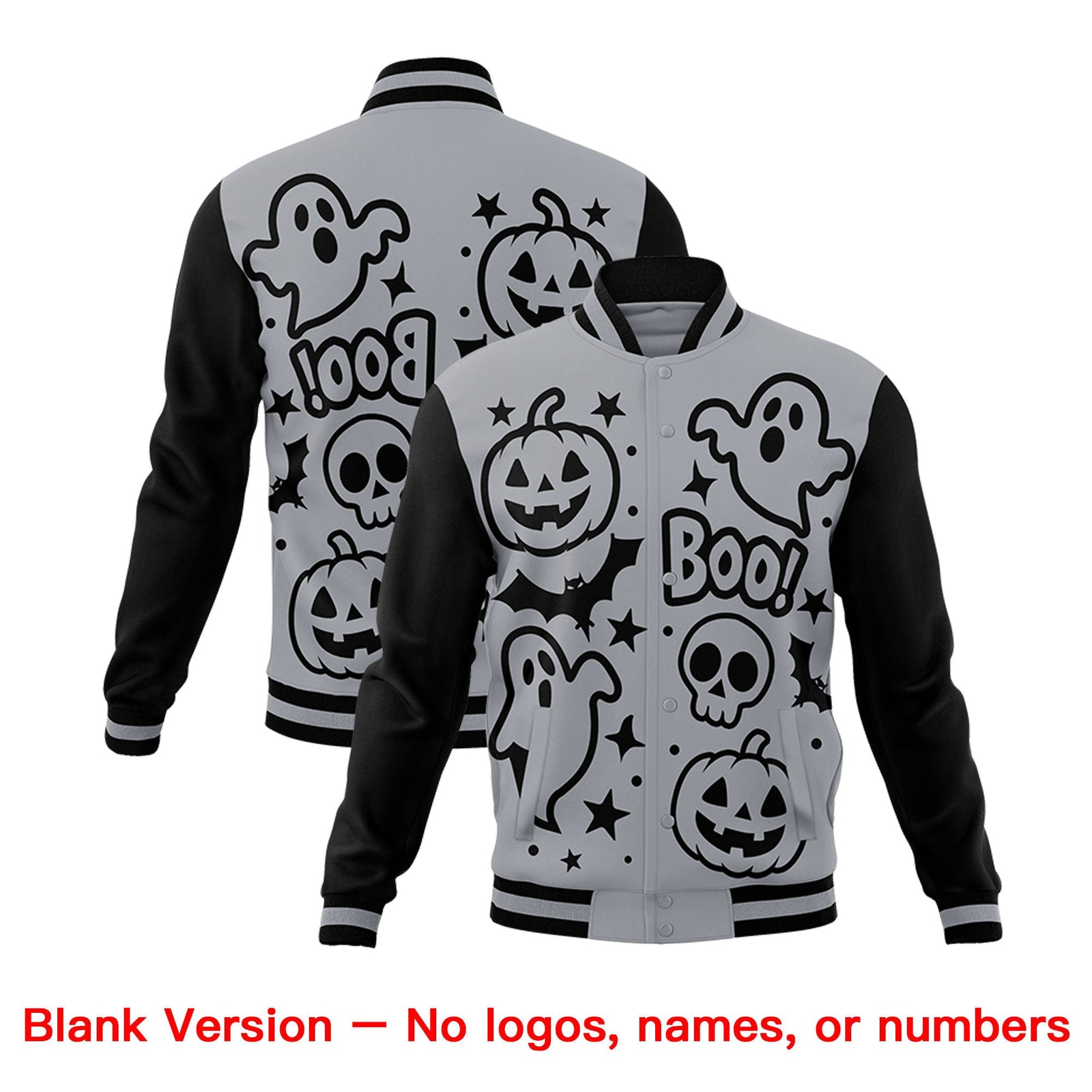 Custom Gray Black Gold Bats Pumpkins Ghost Patterns Halloween Letterman Jacket | Custom Letterman Jacket,Add Name and Numbern,Sublimation Printed & Stitched,Perfect for Parties | KXKSHOP