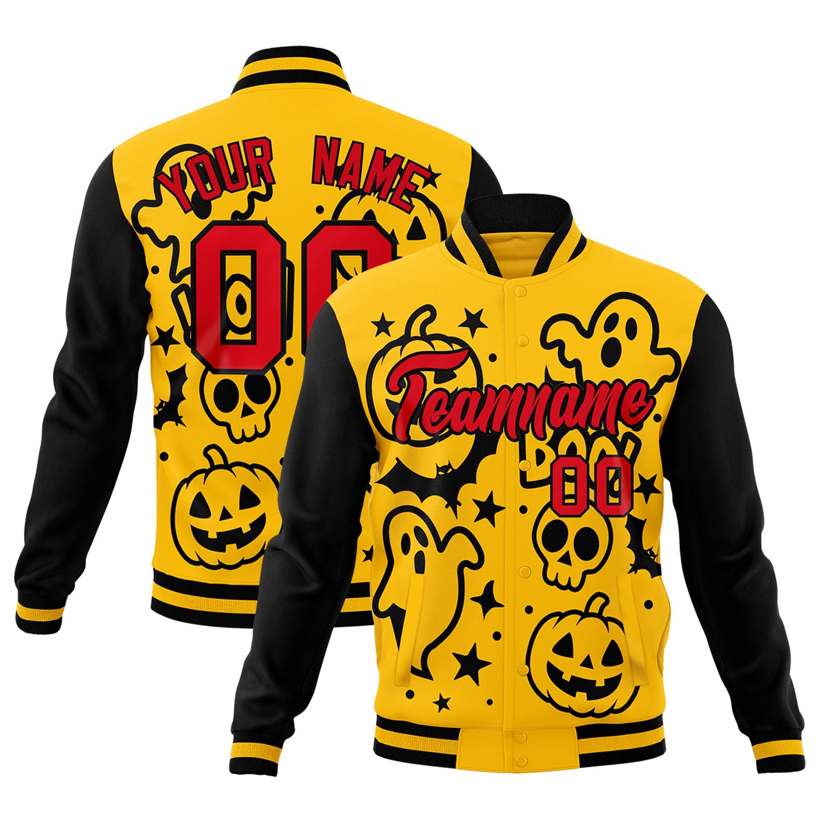 Custom Gold Black Red Bats Pumpkins Ghost Patterns Halloween Letterman Jacket | Custom Letterman Jacket,Add Name and Numbern,Sublimation Printed & Stitched,Perfect for Parties | KXKSHOP