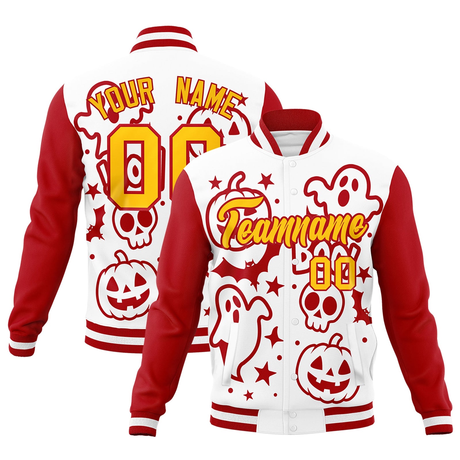 Custom White Red Gold Bats Pumpkins Ghost Patterns Halloween Letterman Jacket | Custom Letterman Jacket,Add Name and Numbern,Sublimation Printed & Stitched,Perfect for Parties | KXKSHOP