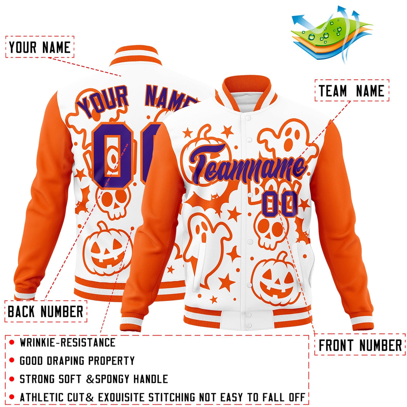 Custom White Orange Purple Bats Pumpkins Ghost Patterns Halloween Letterman Jacket | Custom Letterman Jacket,Add Name and Numbern,Sublimation Printed & Stitched,Perfect for Parties | KXKSHOP