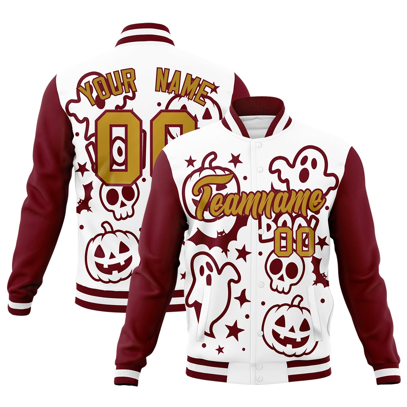 Custom White Crimson Old Gold Bats Pumpkins Ghost Patterns Halloween Letterman Jacket | Custom Letterman Jacket,Add Name and Numbern,Sublimation Printed & Stitched,Perfect for Parties | KXKSHOP