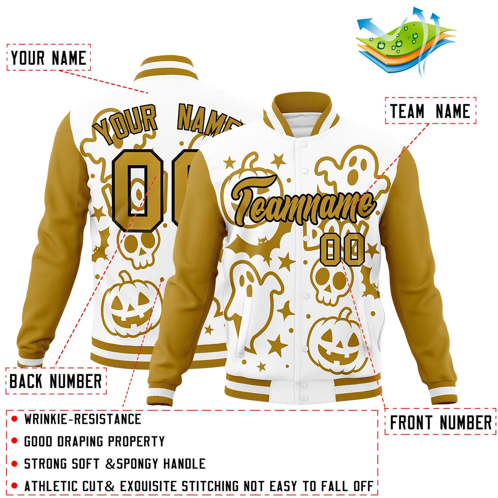 Custom White Old Gold Black Bats Pumpkins Ghost Patterns Halloween Letterman Jacket | Custom Letterman Jacket,Add Name and Numbern,Sublimation Printed & Stitched,Perfect for Parties | KXKSHOP