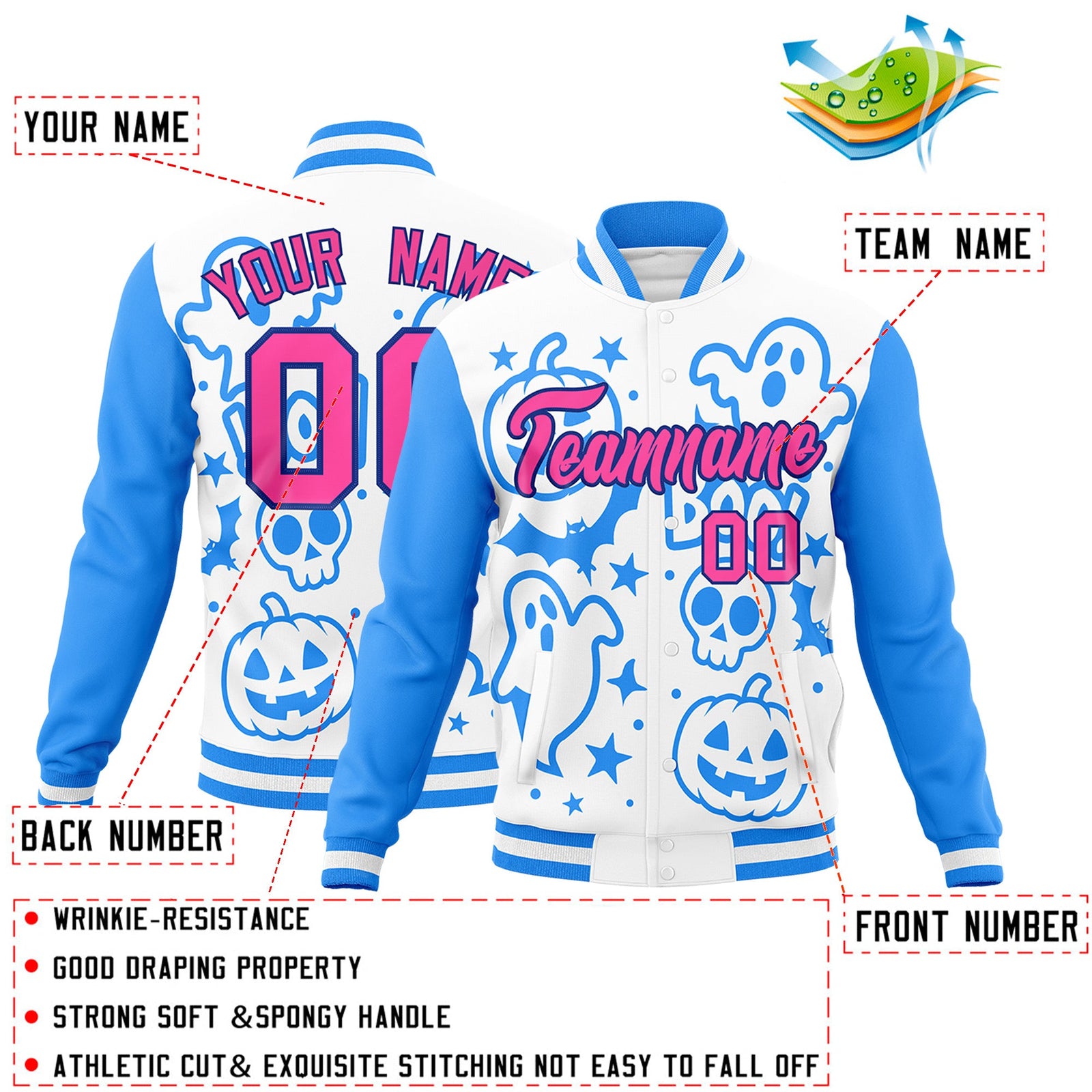 Custom White Powder Blue Pink Bats Pumpkins Ghost Patterns Halloween Letterman Jacket | Custom Letterman Jacket,Add Name and Numbern,Sublimation Printed & Stitched,Perfect for Parties | KXKSHOP