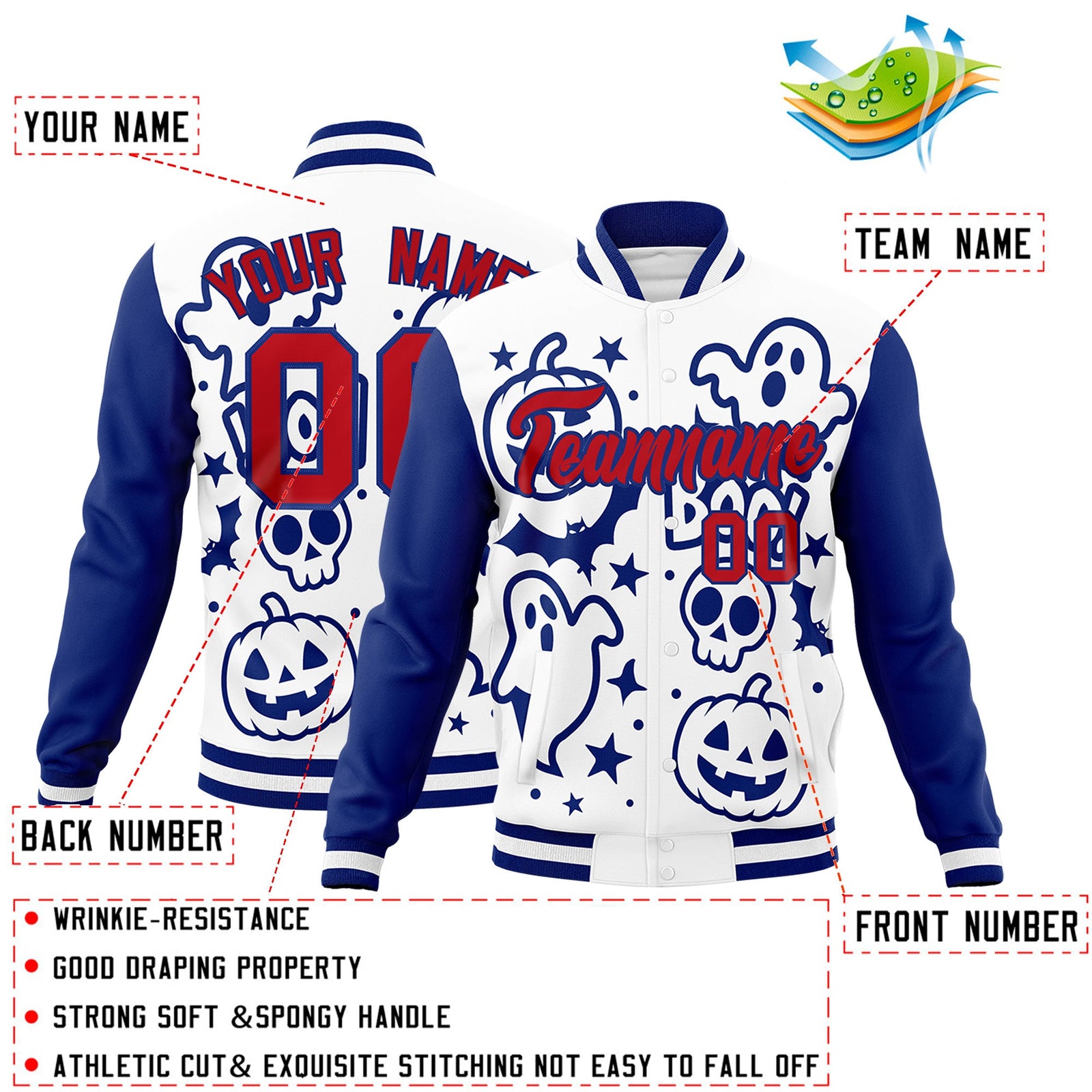 Custom Royal Blue White Red Bats Pumpkins Ghost Patterns Halloween Letterman Jacket | Custom Letterman Jacket,Add Name and Numbern,Sublimation Printed & Stitched,Perfect for Parties | KXKSHOP