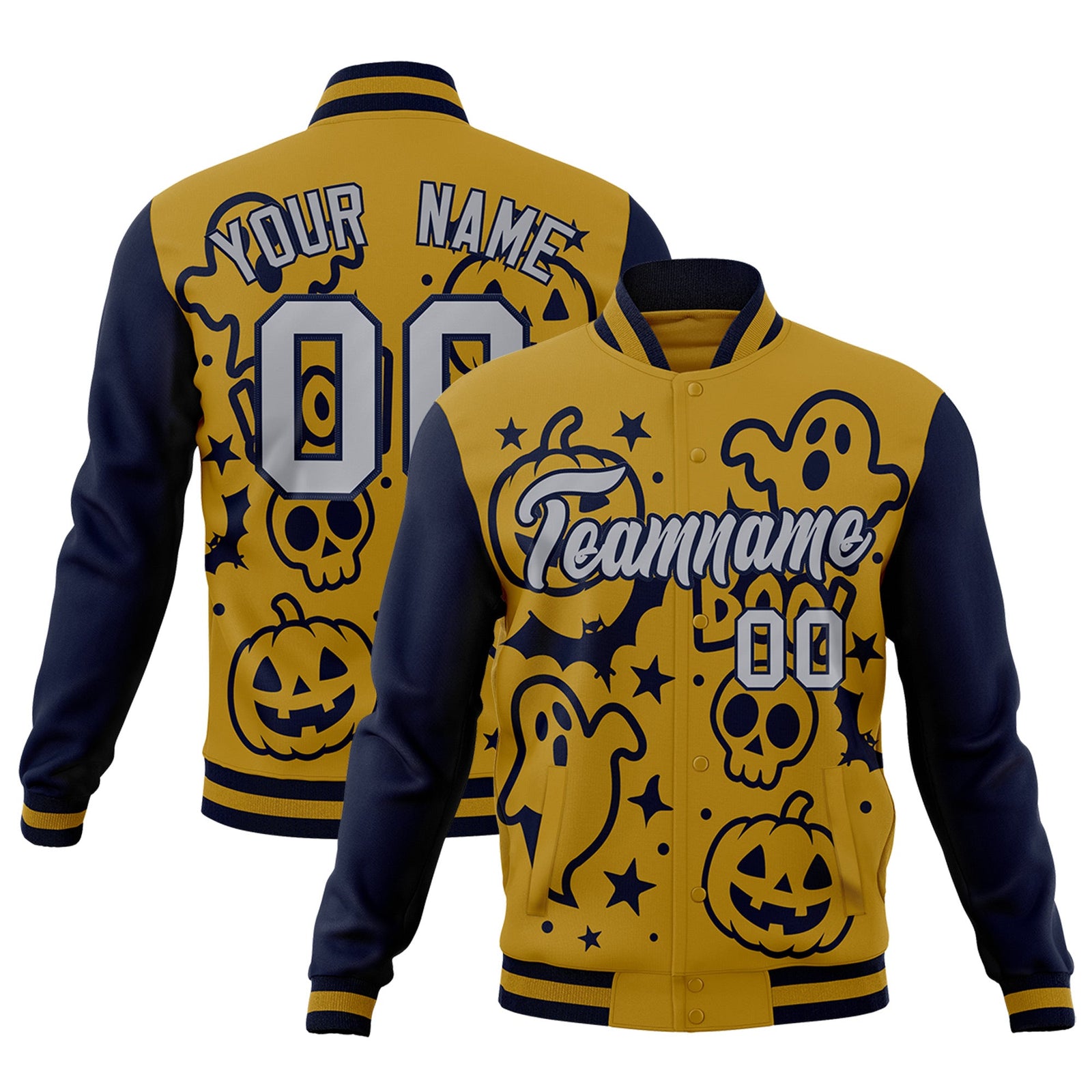 Custom Navy Old Gold Gray Bats Pumpkins Ghost Patterns Halloween Letterman Jacket | Custom Letterman Jacket,Add Name and Numbern,Sublimation Printed & Stitched,Perfect for Parties | KXKSHOP