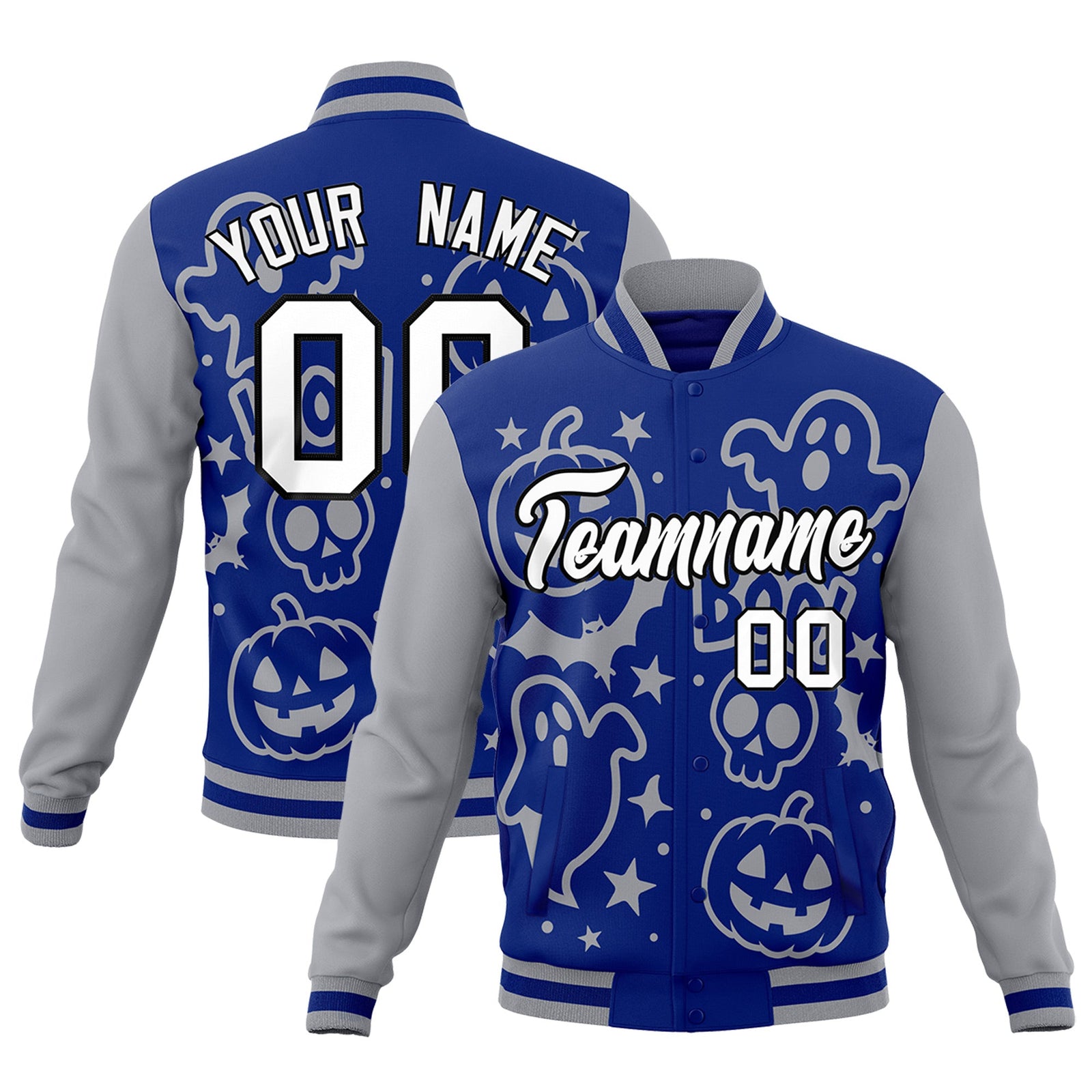 Custom Gray Royal Blue White Bats Pumpkins Ghost Patterns Halloween Letterman Jacket | Custom Letterman Jacket,Add Name and Numbern,Sublimation Printed & Stitched,Perfect for Parties | KXKSHOP