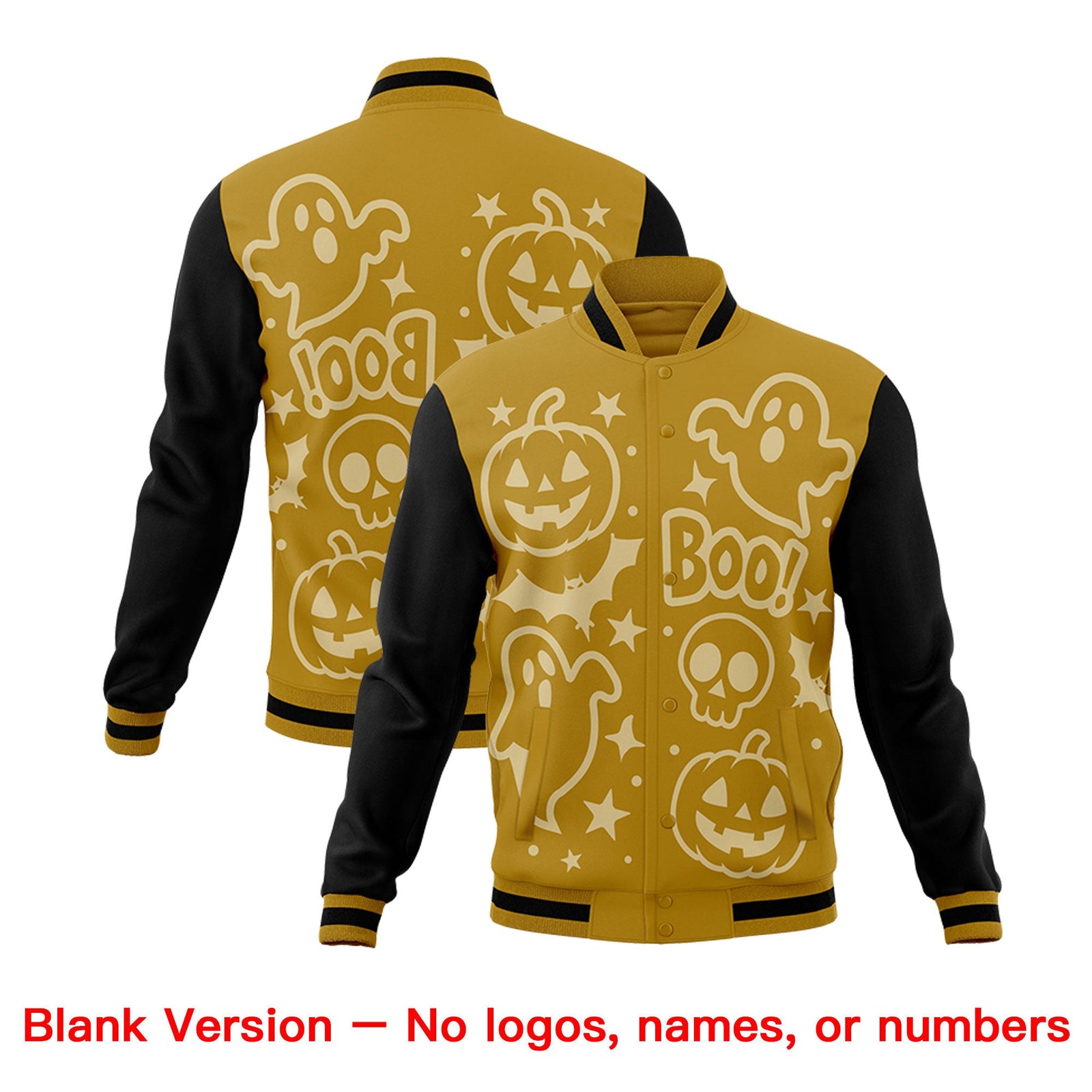 Custom Old Gold Black Red Bats Pumpkins Ghost Patterns Halloween Letterman Jacket | Custom Letterman Jacket,Add Name and Numbern,Sublimation Printed & Stitched,Perfect for Parties | KXKSHOP