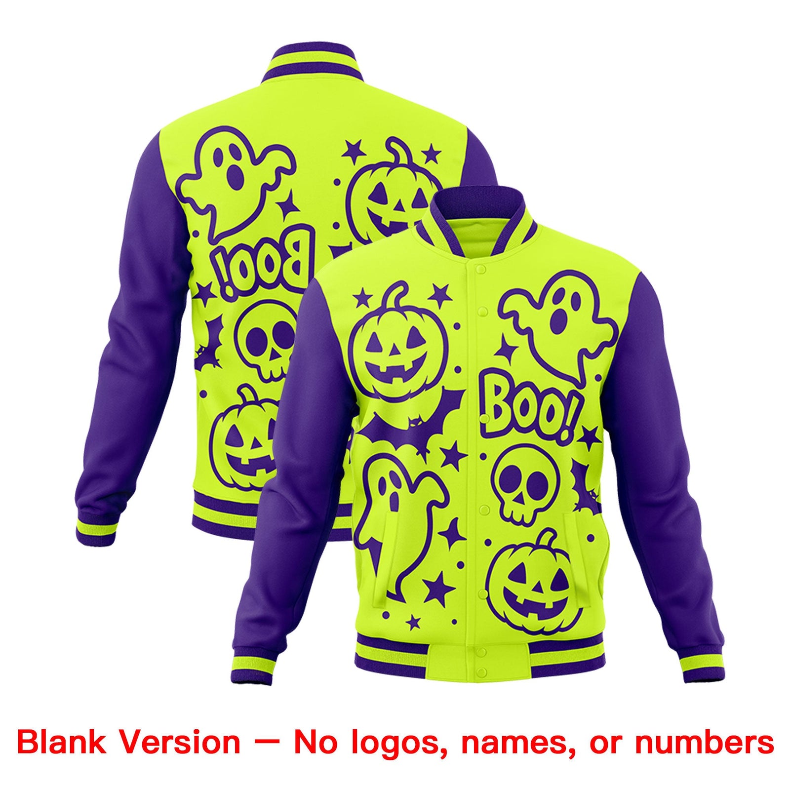 Custom Purple Neon Green White Bats Pumpkins Ghost Patterns Halloween Letterman Jacket | Custom Letterman Jacket,Add Name and Numbern,Sublimation Printed & Stitched,Perfect for Parties | KXKSHOP