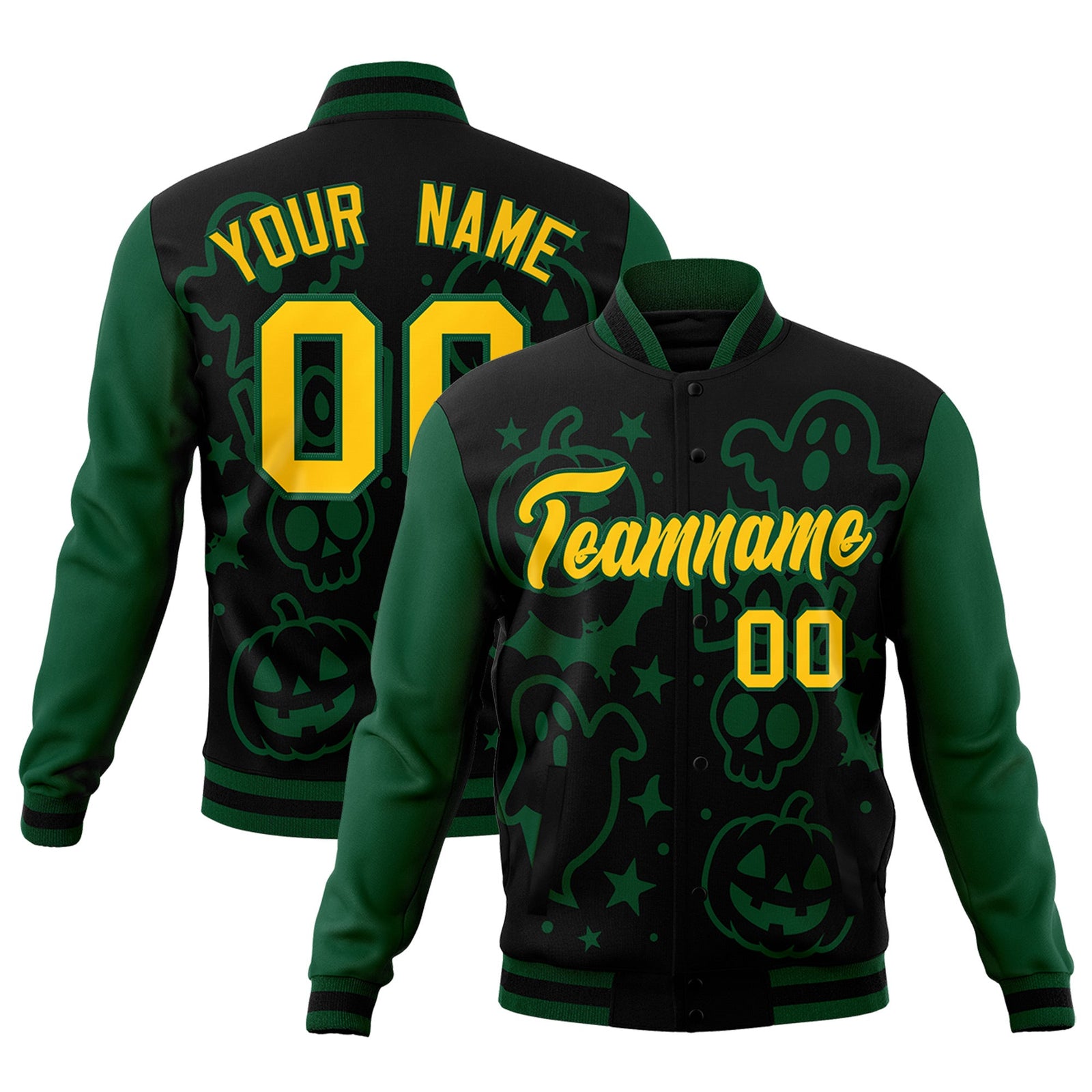Custom Green Black Gold Bats Pumpkins Ghost Patterns Halloween Letterman Jacket | Custom Letterman Jacket,Add Name and Numbern,Sublimation Printed & Stitched,Perfect for Parties | KXKSHOP