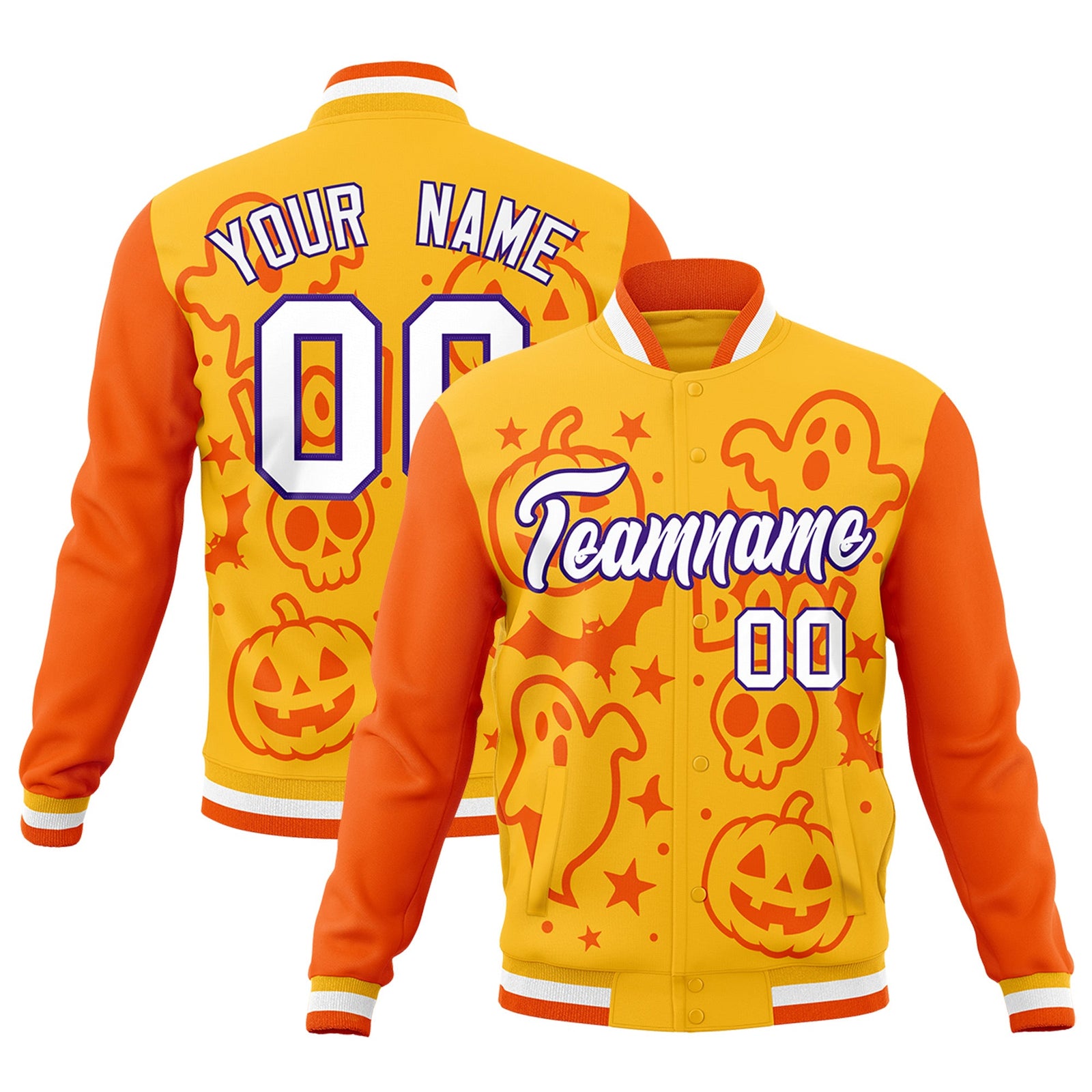 Custom Yellow Orange Gold Bats Pumpkins Ghost Patterns Halloween Letterman Jacket | Custom Letterman Jacket,Add Name and Numbern,Sublimation Printed & Stitched,Perfect for Parties | KXKSHOP