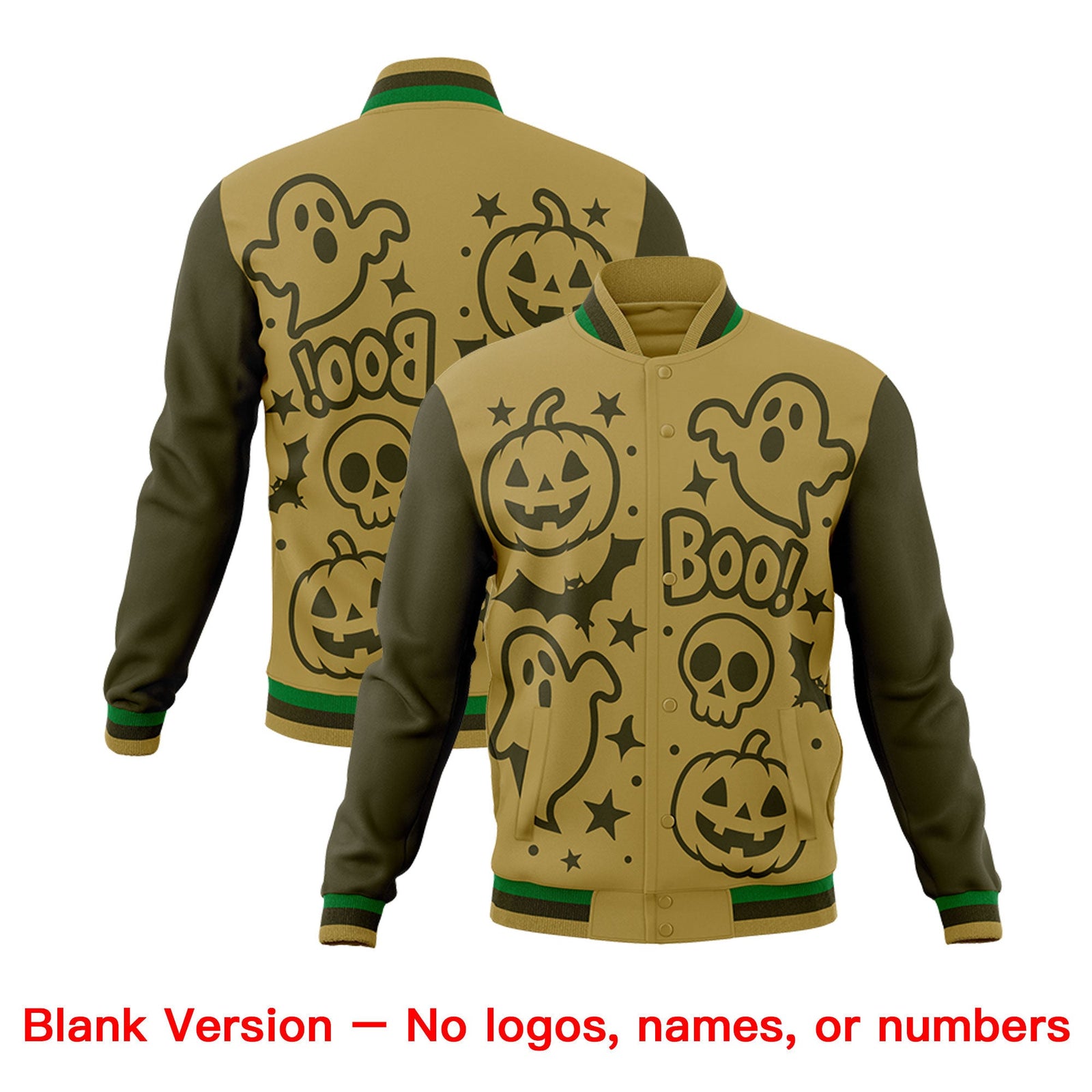 Custom Desert Yellow Kelly Green Olive Bats Pumpkins Ghost Patterns Halloween Letterman Jacket | Custom Letterman Jacket,Add Name and Numbern,Sublimation Printed & Stitched,Perfect for Parties | KXKSHOP
