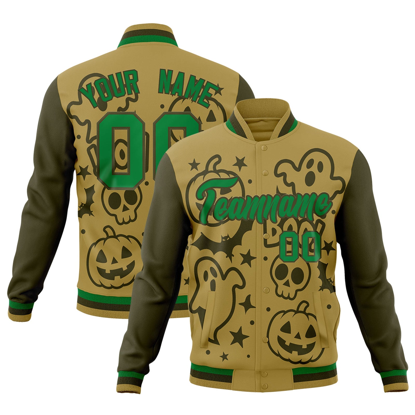 Custom Desert Yellow Kelly Green Olive Bats Pumpkins Ghost Patterns Halloween Letterman Jacket | Custom Letterman Jacket,Add Name and Numbern,Sublimation Printed & Stitched,Perfect for Parties | KXKSHOP