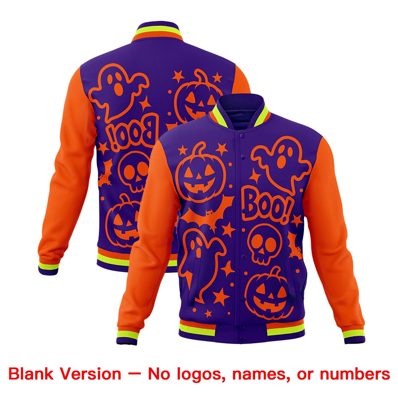 Custom Orange Purple Neon Green Bats Pumpkins Ghost Patterns Halloween Letterman Jacket | Custom Letterman Jacket,Add Name and Numbern,Sublimation Printed & Stitched,Perfect for Parties | KXKSHOP
