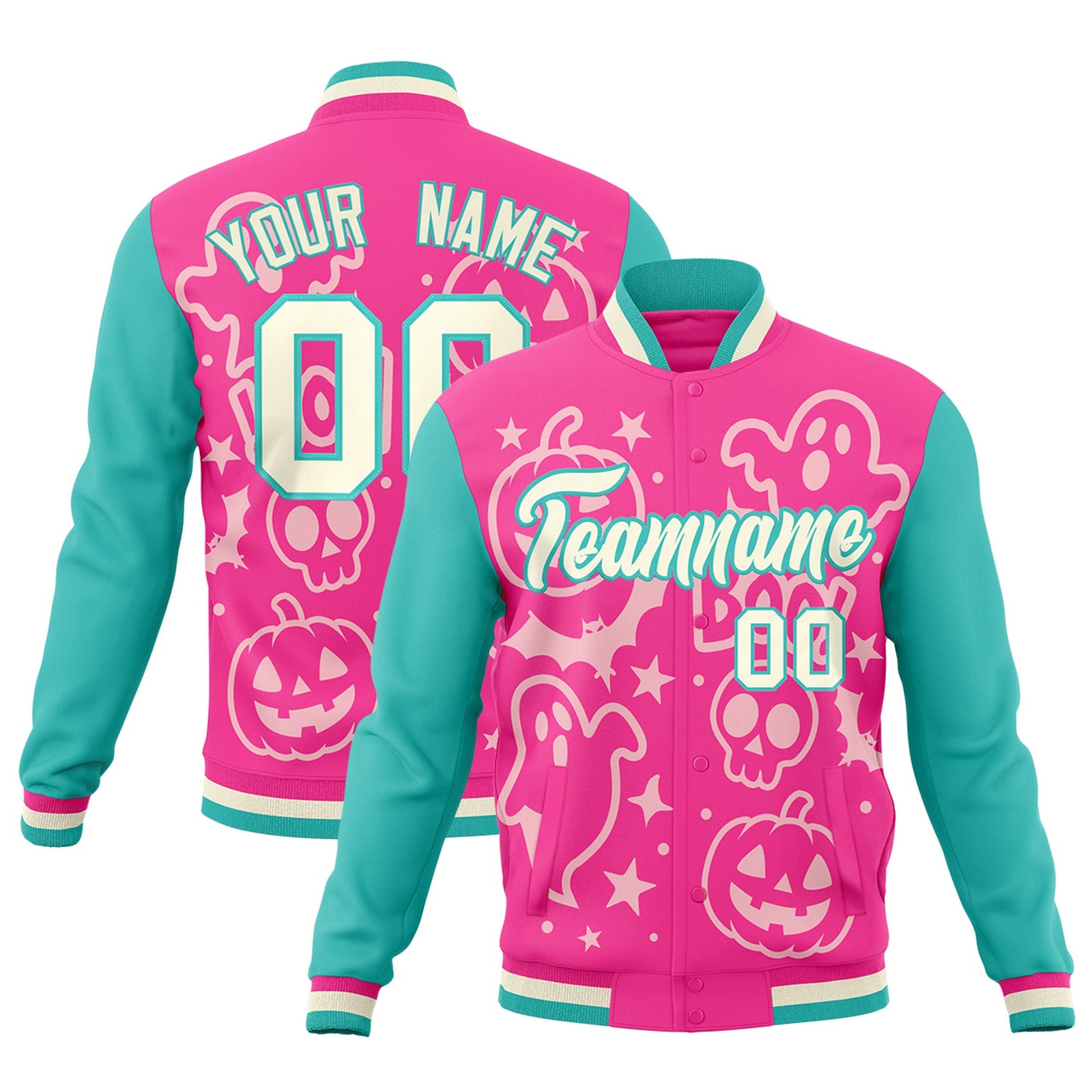 Custom Pink Bright Green Cream Bats Pumpkins Ghost Patterns Halloween Letterman Jacket | Custom Letterman Jacket,Add Name and Numbern,Sublimation Printed & Stitched,Perfect for Parties | KXKSHOP
