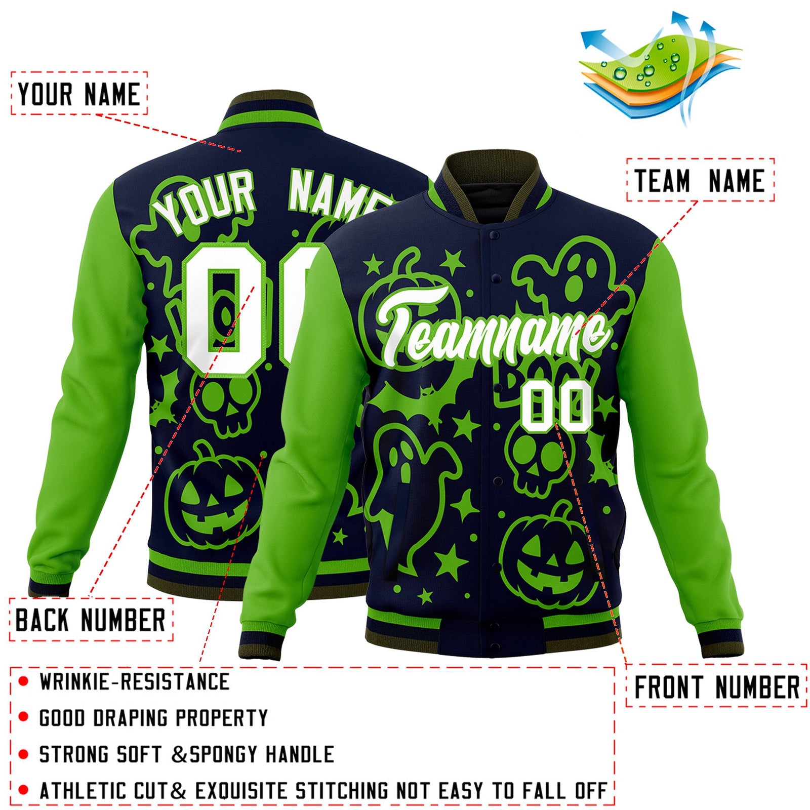 Custom Green Navy Olive Bats Pumpkins Ghost Patterns Halloween Letterman Jacket | Custom Letterman Jacket,Add Name and Numbern,Sublimation Printed & Stitched,Perfect for Parties | KXKSHOP