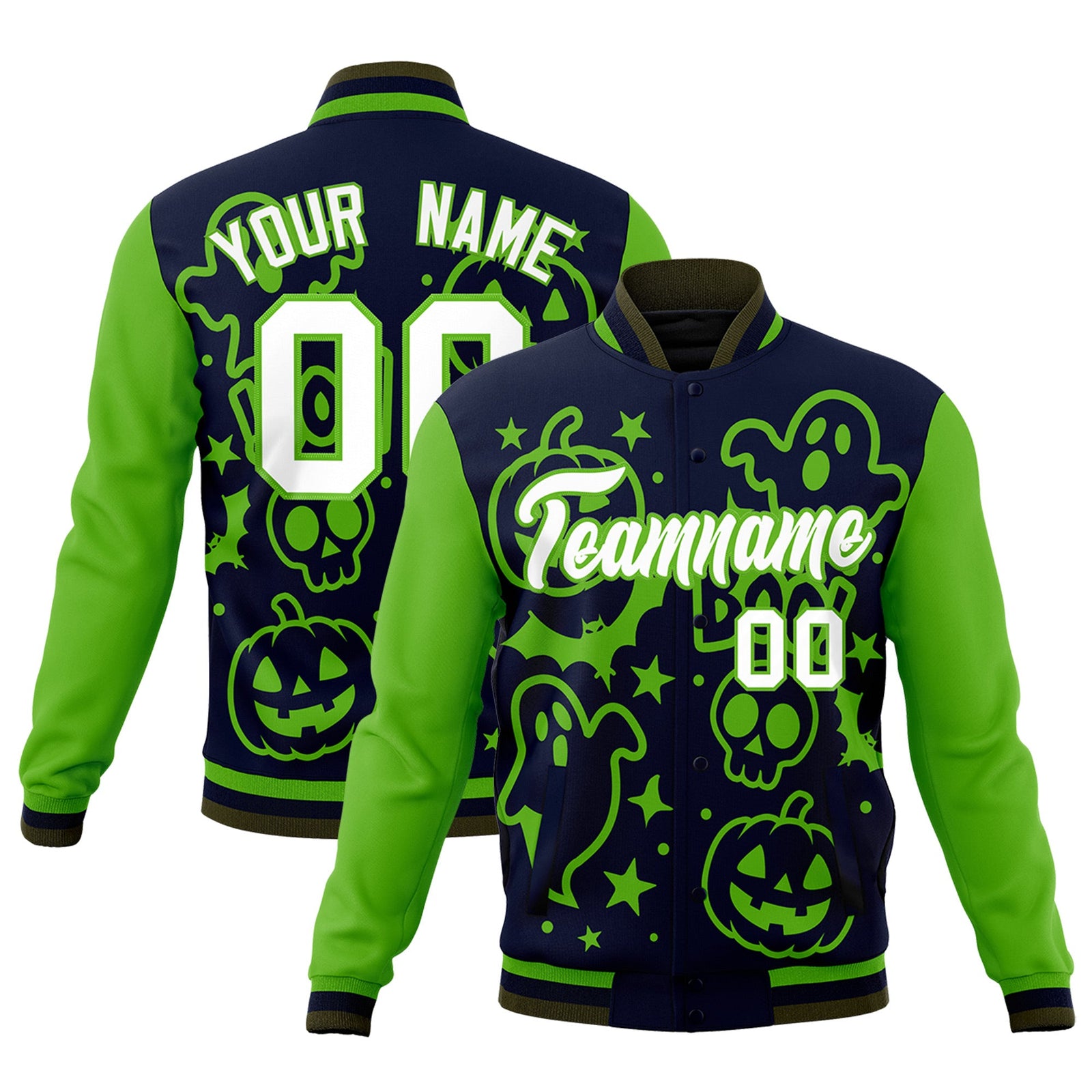 Custom Green Navy Olive Bats Pumpkins Ghost Patterns Halloween Letterman Jacket | Custom Letterman Jacket,Add Name and Numbern,Sublimation Printed & Stitched,Perfect for Parties | KXKSHOP