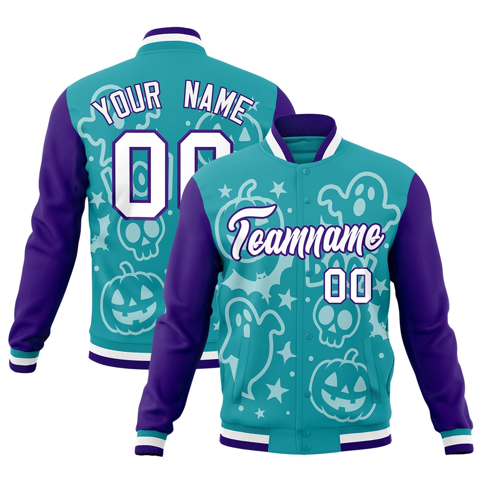 Custom Aqua Purple White Bats Pumpkins Ghost Patterns Halloween Letterman Jacket | Custom Letterman Jacket,Add Name and Numbern,Sublimation Printed & Stitched,Perfect for Parties | KXKSHOP