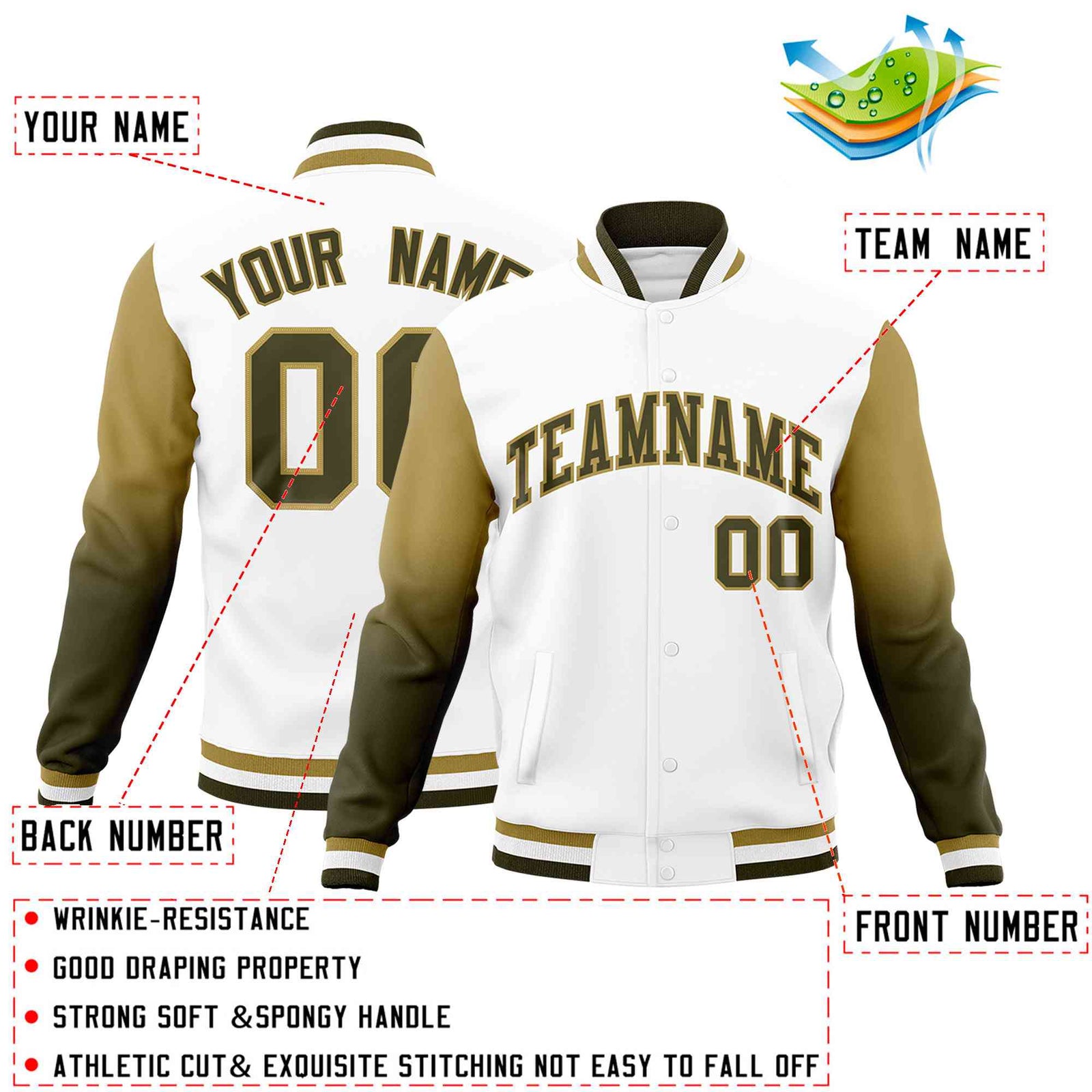 Custom White Olive Desert Yellow Full-Snap Varsity Raglan Sleeves Gradient Letterman Jacket