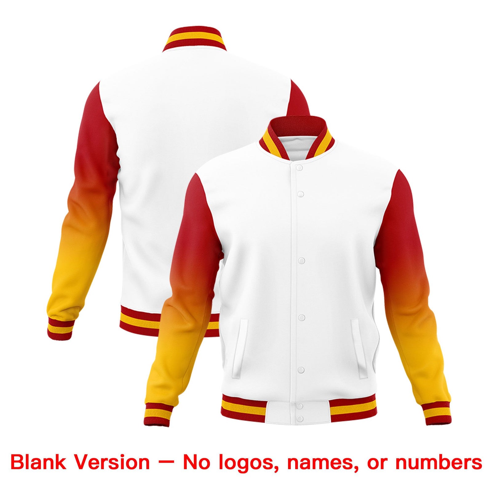Custom White Red Gold Full-Snap Varsity Raglan Sleeves Gradient Letterman Jacket