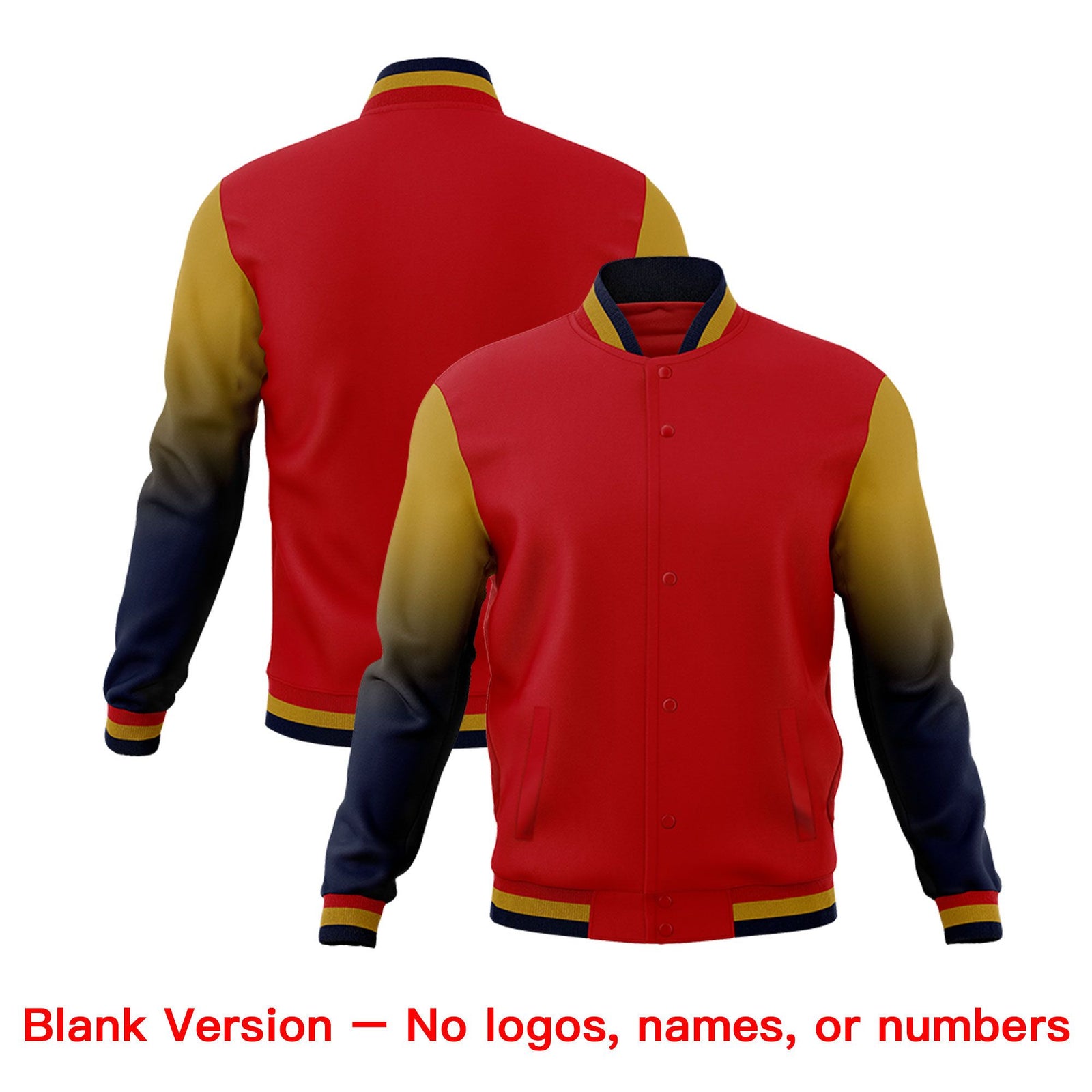 Custom Red Old Gold Navy Full-Snap Varsity Raglan Sleeves Gradient Letterman Jacket