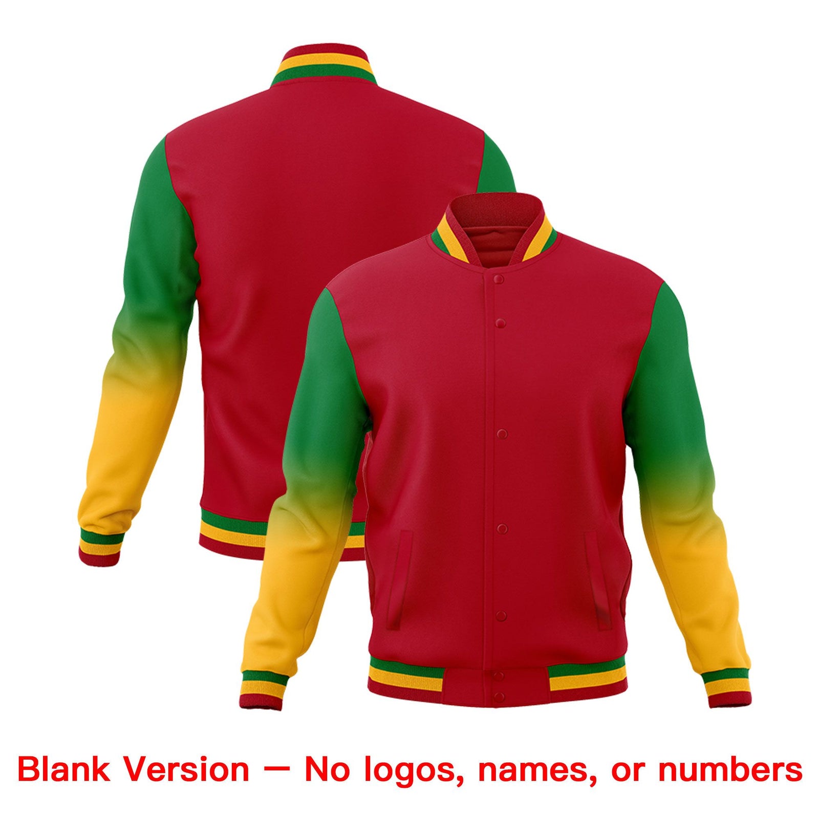Custom Red Gold White Full-Snap Varsity Raglan Sleeves Gradient Letterman Jacket