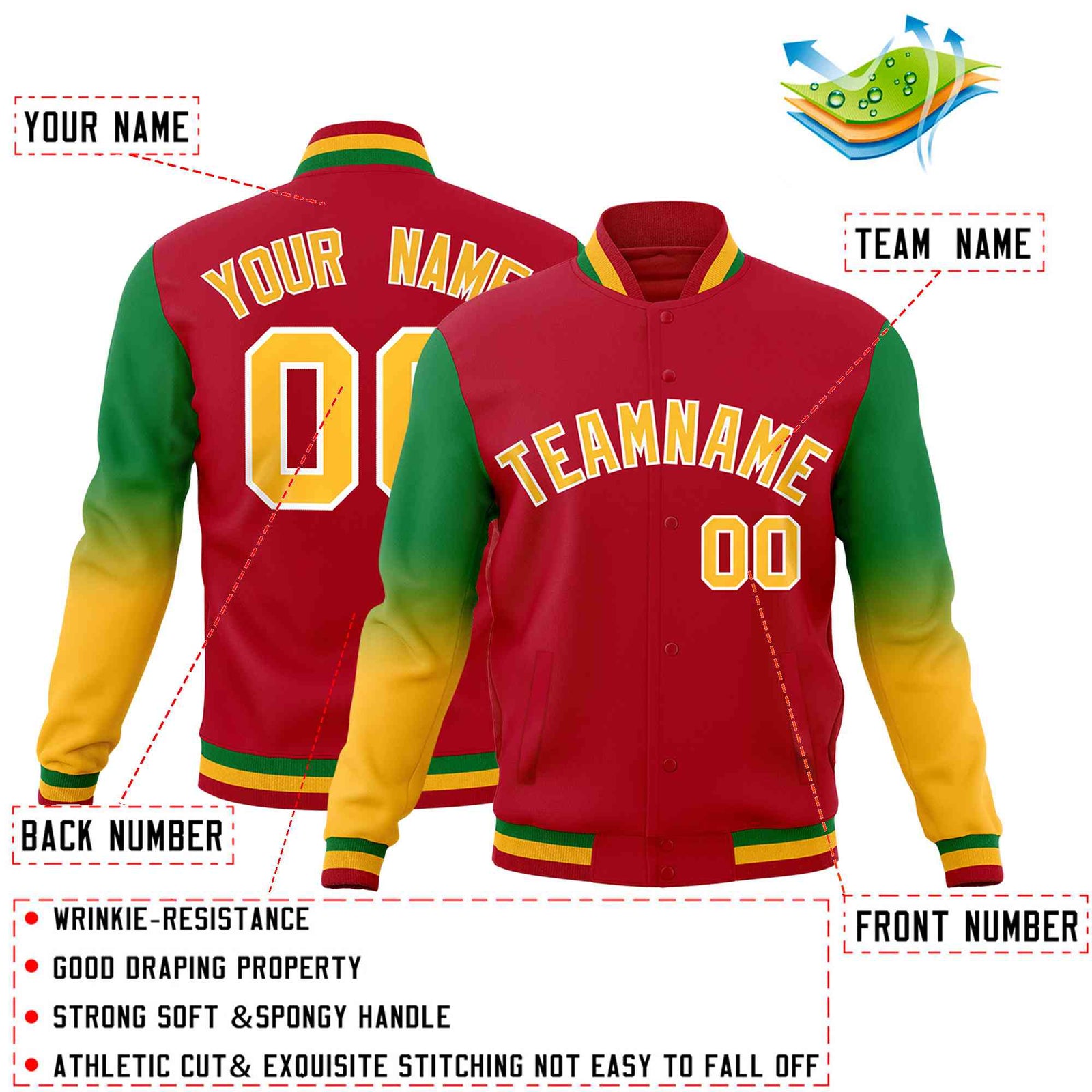 Custom Red Gold White Full-Snap Varsity Raglan Sleeves Gradient Letterman Jacket