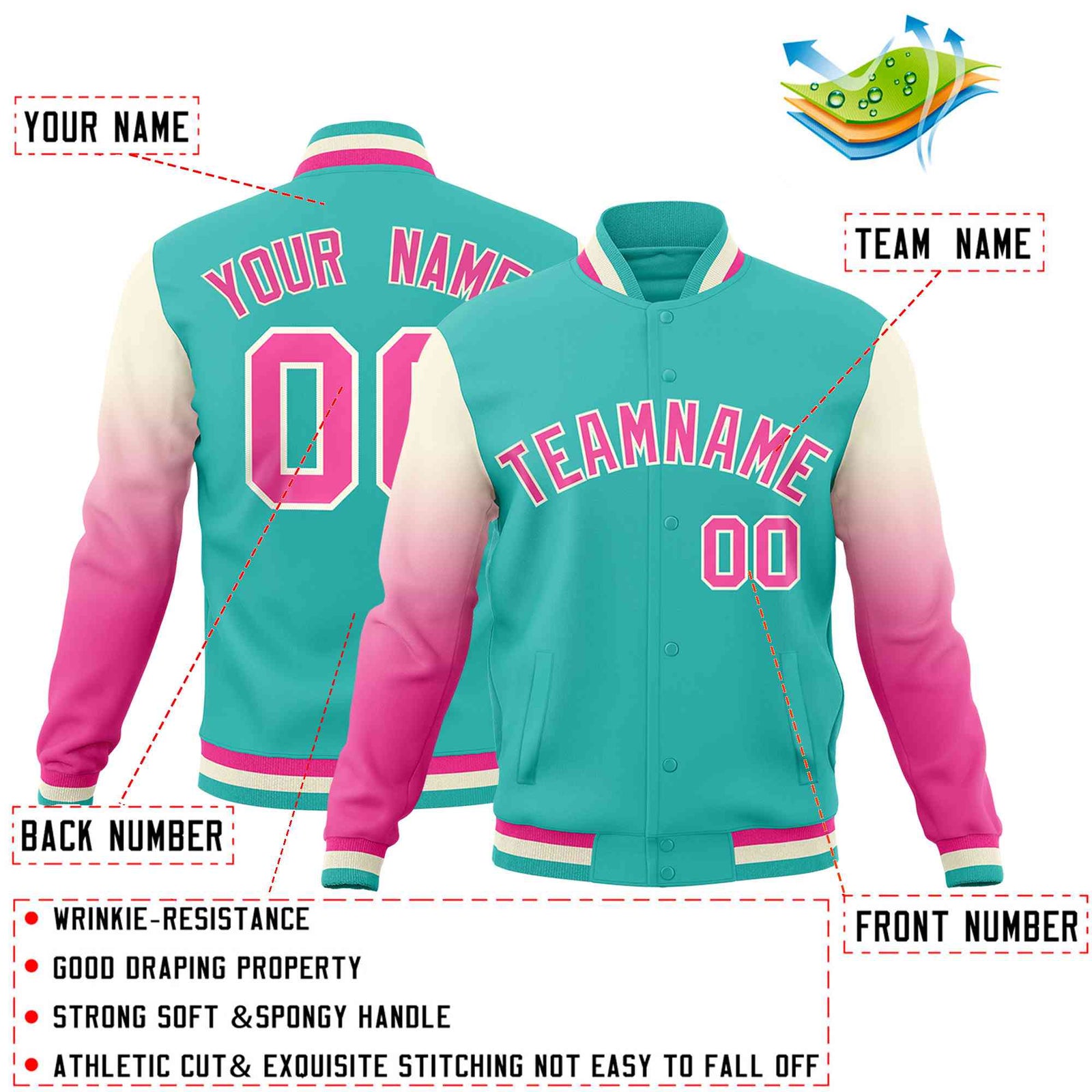 Custom Bright Green Pink Cream Full-Snap Varsity Raglan Sleeves Gradient Letterman Jacket