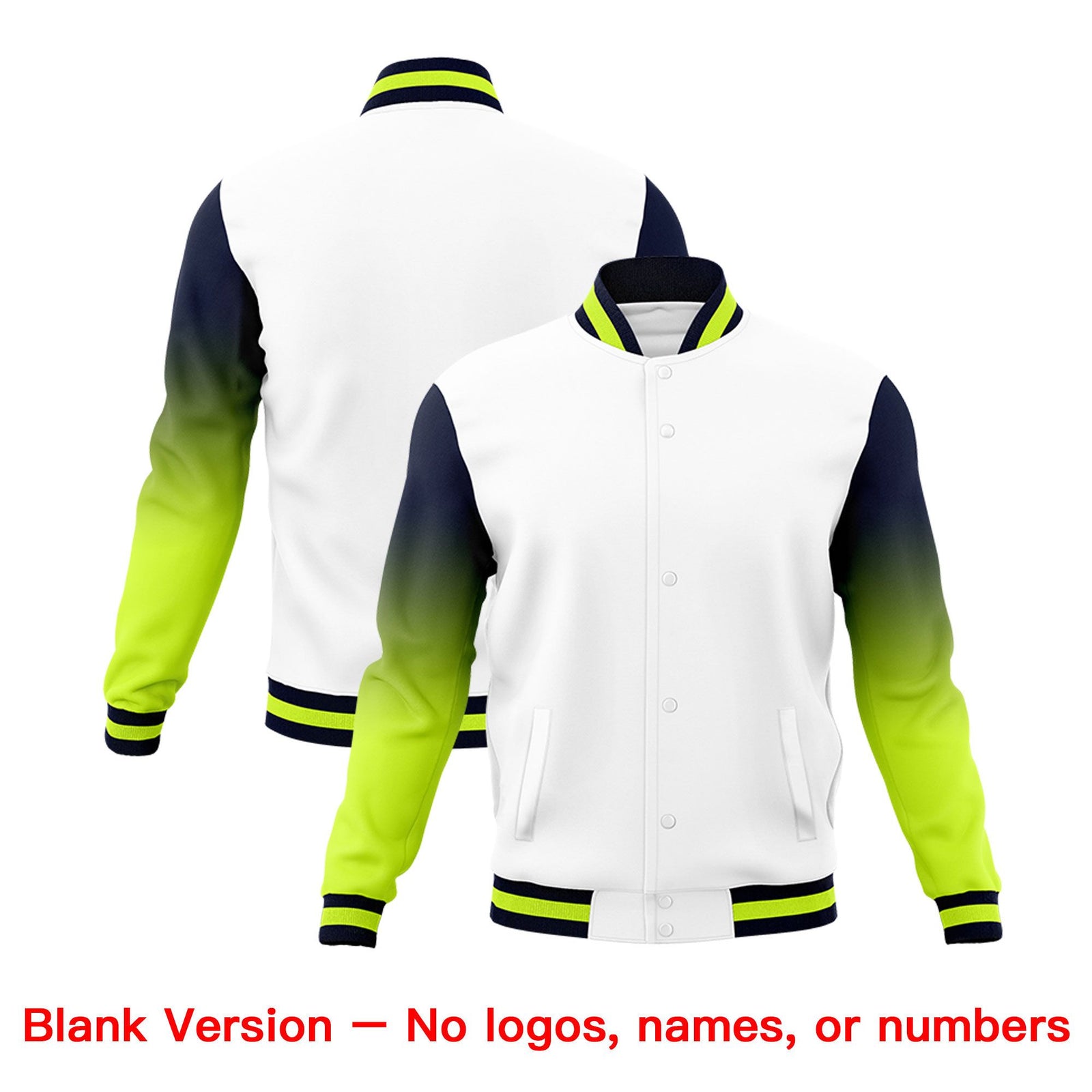Custom White Neon Green Navy Full-Snap Varsity Raglan Sleeves Gradient Letterman Jacket| KXKSHOP