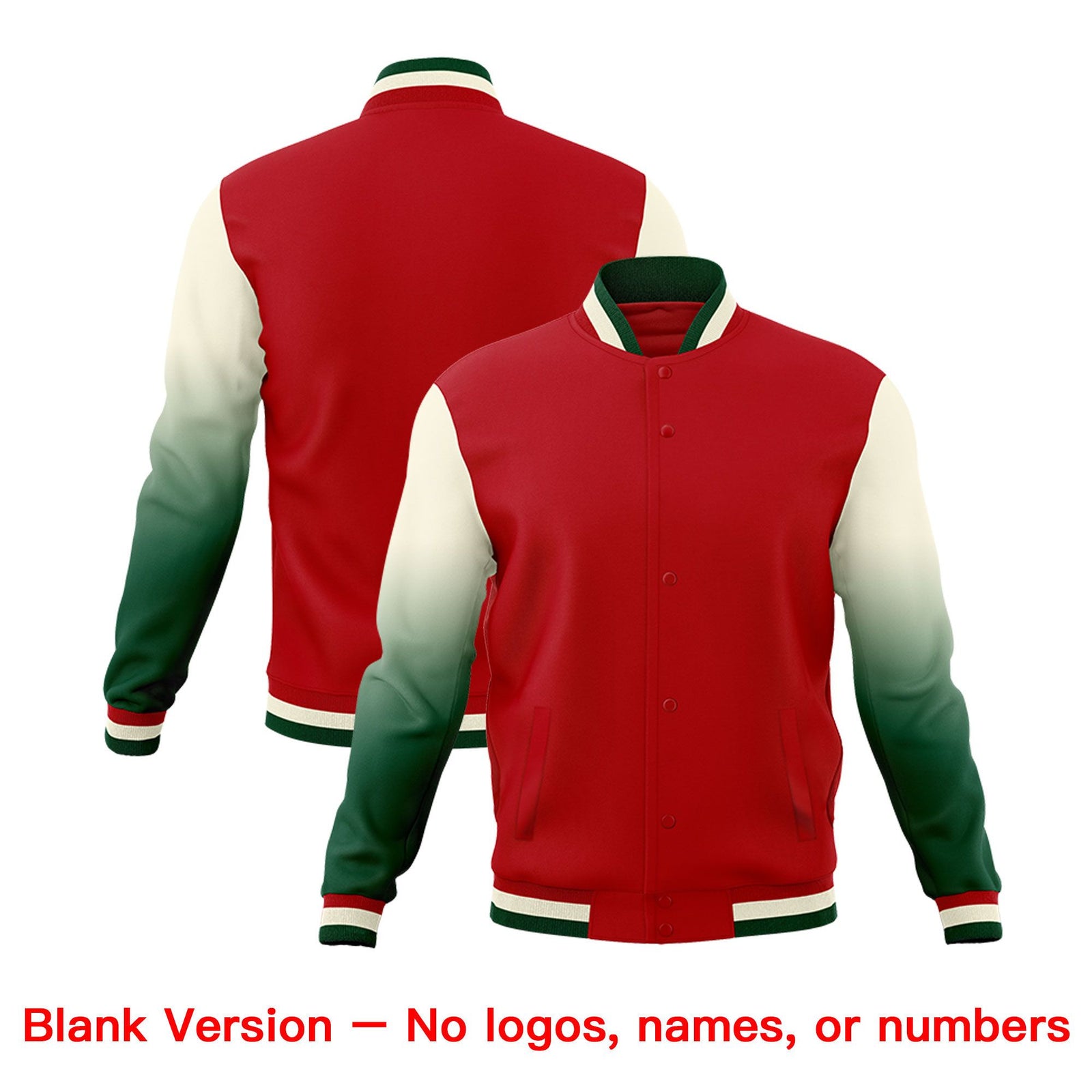 Custom Red Cream Green Full-Snap Varsity Raglan Sleeves Gradient Letterman Jacket| KXKSHOP