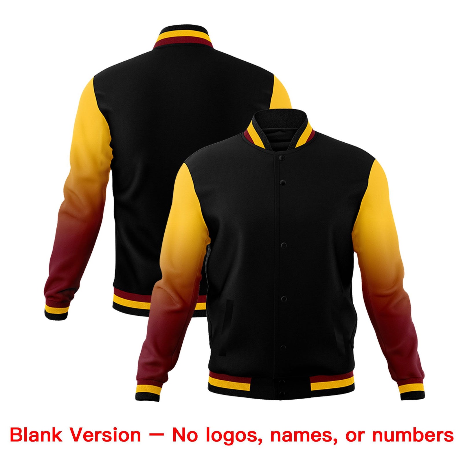Custom Black Crimson Gold Full-Snap Varsity Raglan Sleeves Gradient Letterman Jacket| KXKSHOP