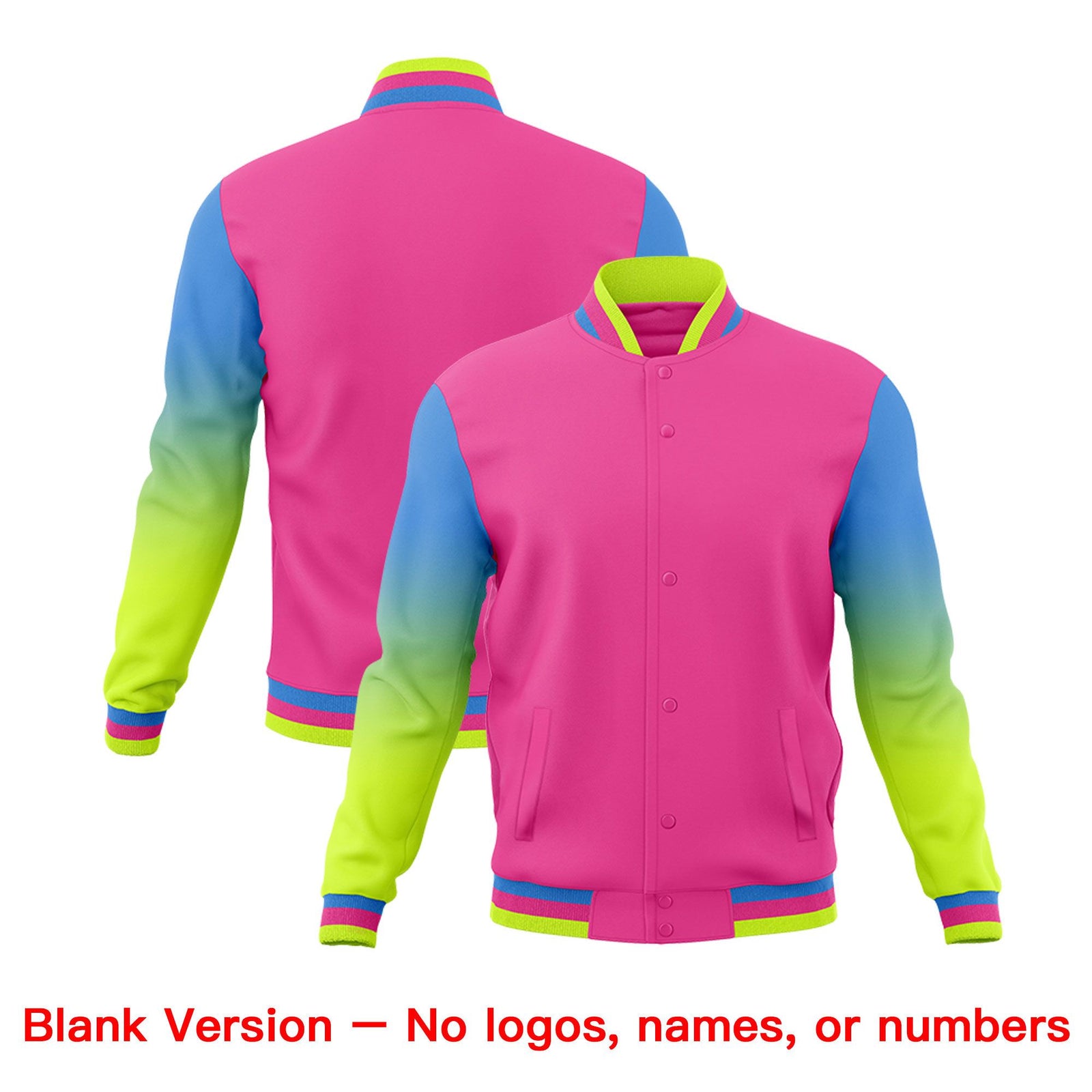 Custom Pink Powder Blue White Full-Snap Varsity Raglan Sleeves Gradient Letterman Jacket| KXKSHOP