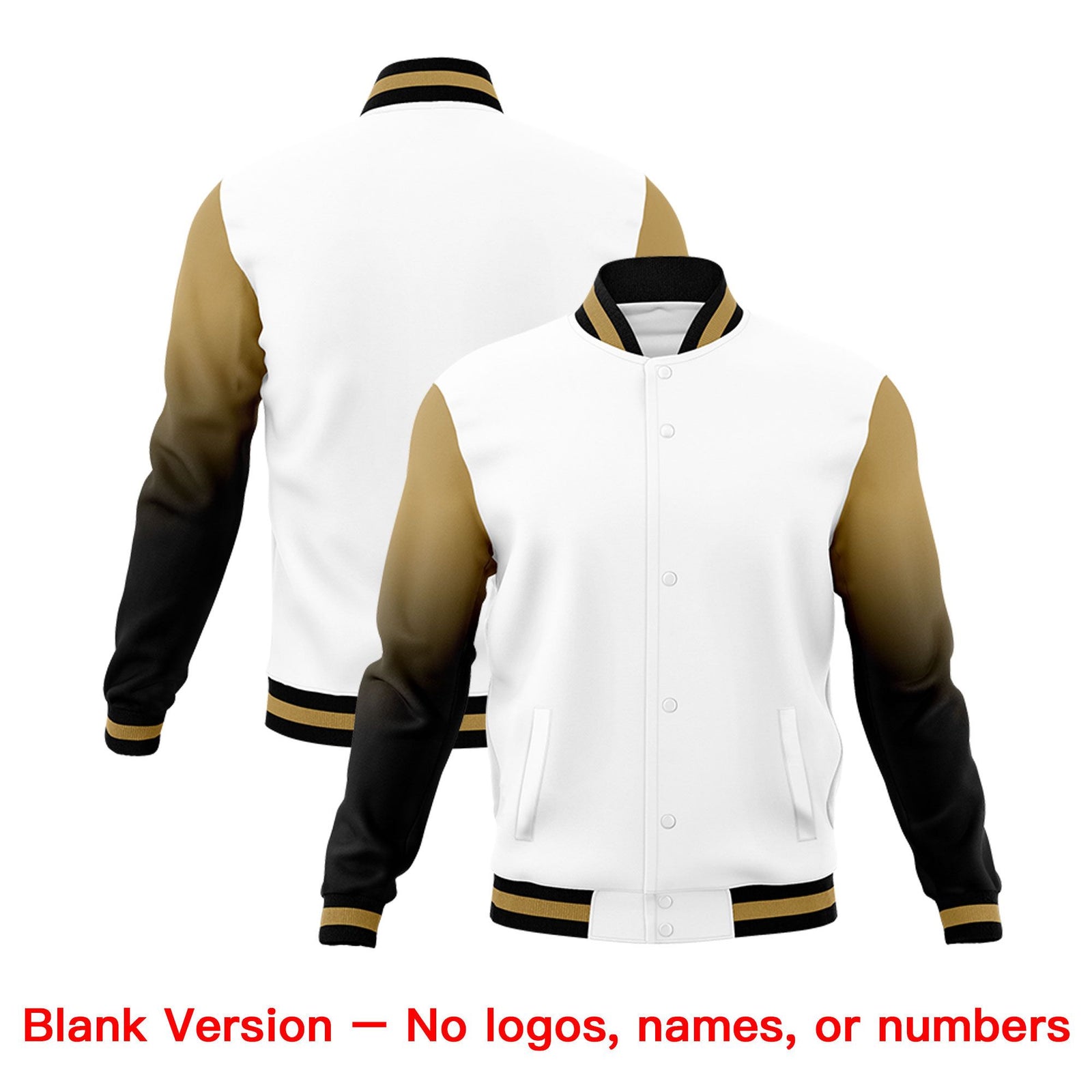 Custom White Black Old Gold Full-Snap Varsity Raglan Sleeves Gradient Letterman Jacket