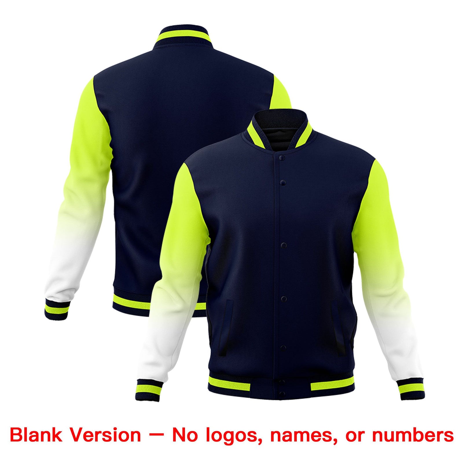 Custom Navy White Neon Green Full-Snap Varsity Raglan Sleeves Gradient Letterman Jacket