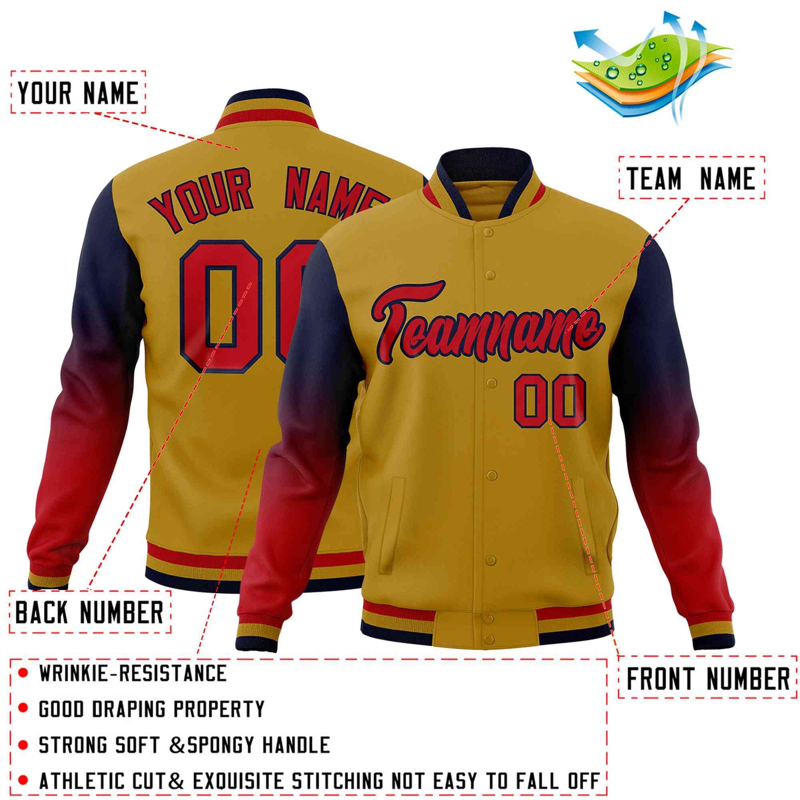 Custom Old Gold Red Navy Full-Snap Varsity Raglan Sleeves Gradient Letterman Jacket