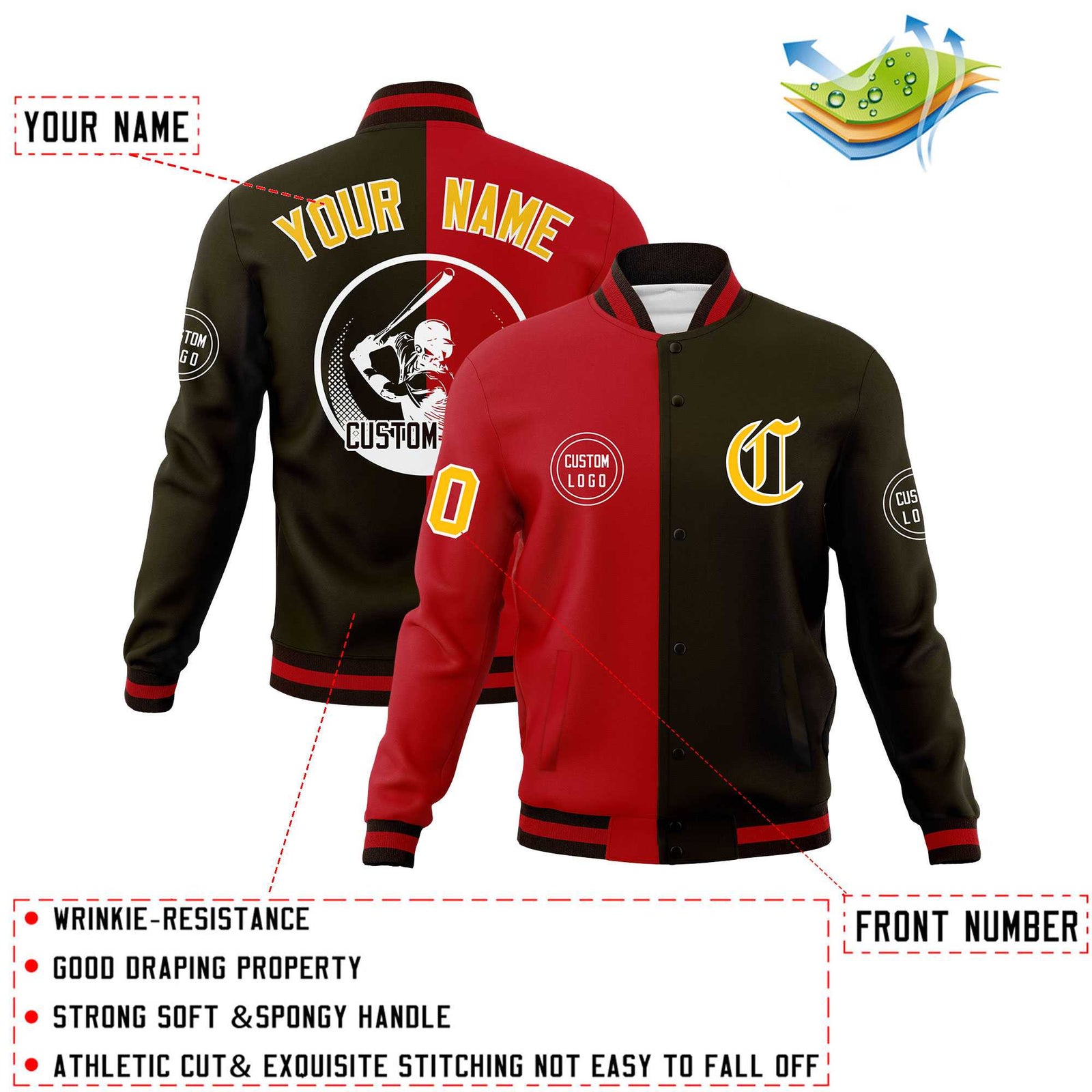 Custom Red Brown Varsity Full-Snap Split Letterman Baseball Jacket
