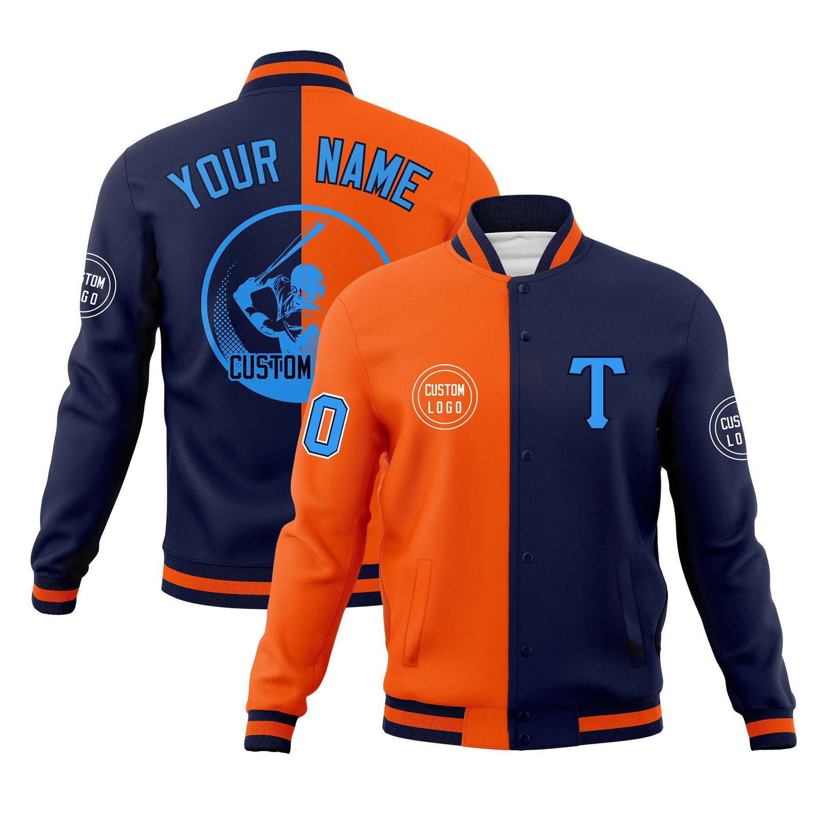 Custom Orange Navy Varsity Full-Snap Split Letterman Baseball Jacket