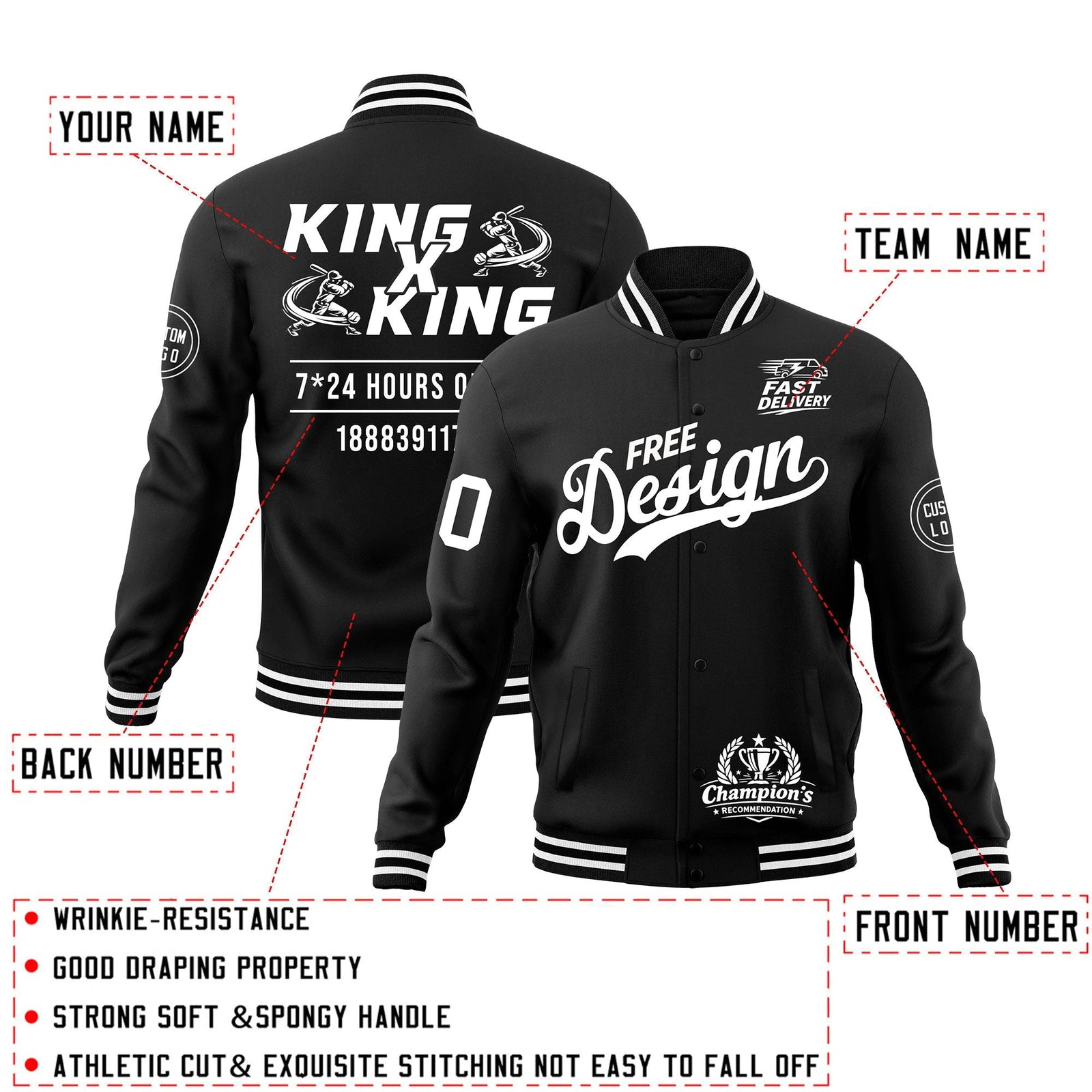 Custom Black White Classic Style Full-Snap Wrinkle-Resistant Jacket| KXKSHOP