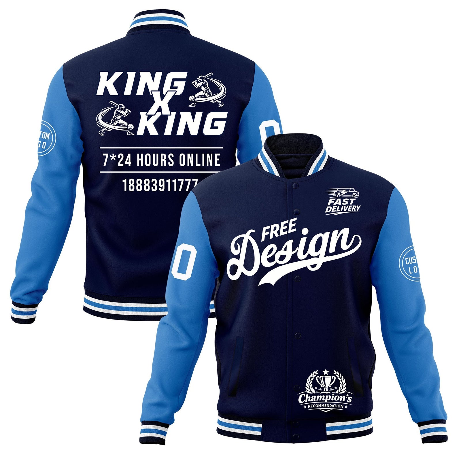Custom Navy White Light Blue Classic Style Full-Snap Wrinkle-Resistant Jacket| KXKSHOP