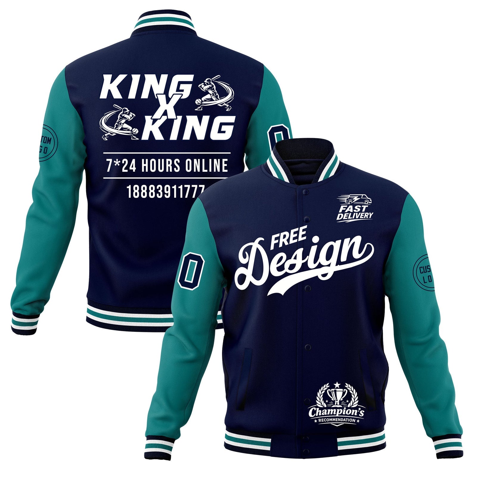 Custom Navy White Teal Classic Style Full-Snap Wrinkle-Resistant Jacket| KXKSHOP