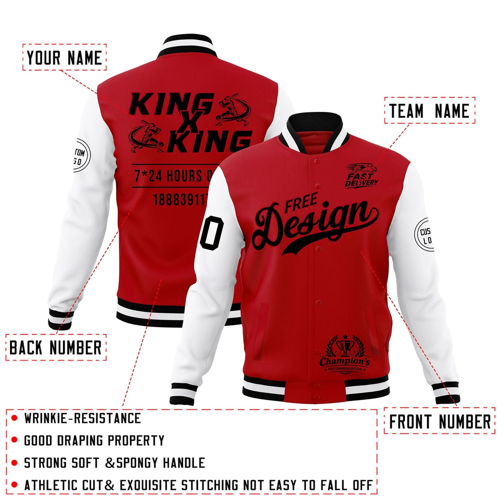 Custom Red Black White Classic Style Full-Snap Wrinkle-Resistant Jacket| KXKSHOP