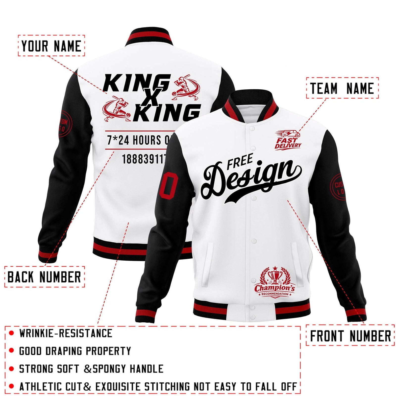 Custom White Black Red Classic Style Full-Snap Wrinkle-Resistant Jacket| KXKSHOP