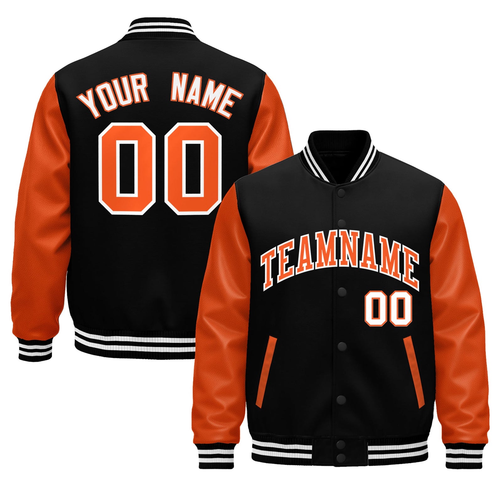 Custom Black Orange White Raglan Sleeves Varsity Full-Snap Leather Sleeves Letterman Jacket| KXKSHOP