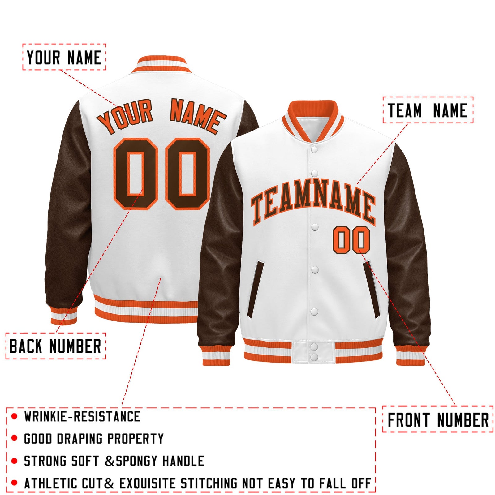 Custom White Brown Orange Raglan Sleeves Varsity Full-Snap Leather Sleeves Letterman Jacket| KXKSHOP