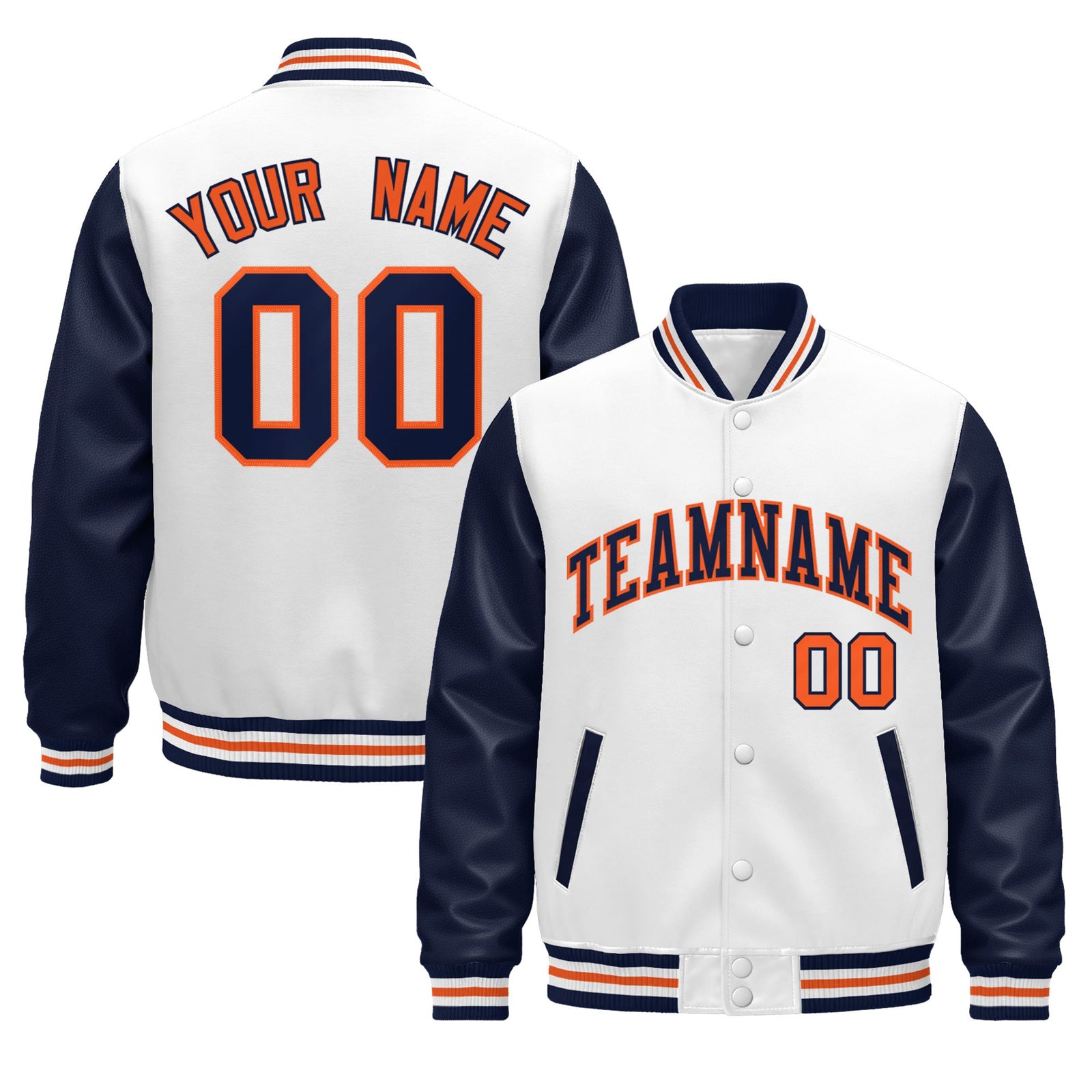 Custom Navy White Orange Raglan Sleeves Varsity Full-Snap Leather Sleeves Letterman Jacket| KXKSHOP