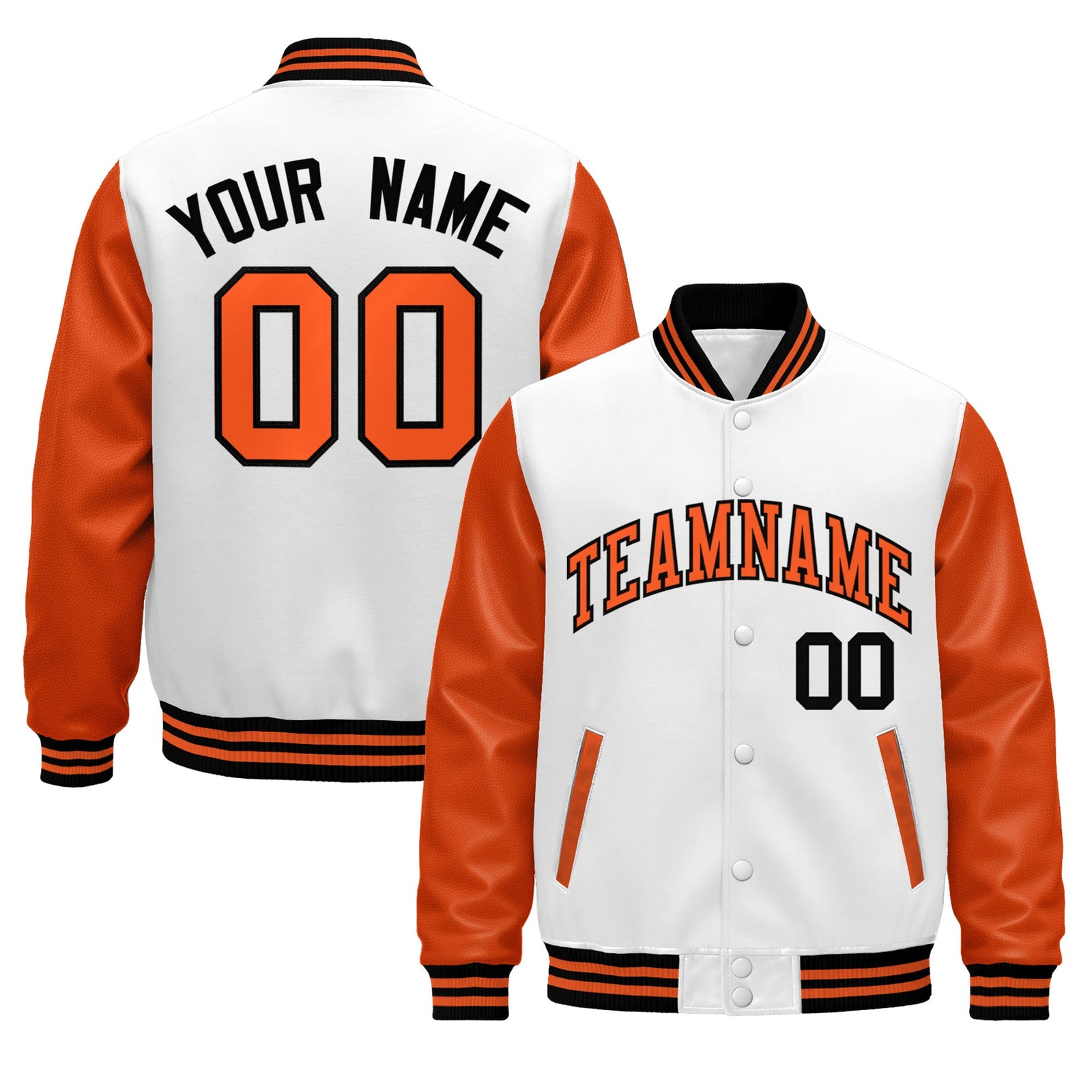 Custom Orange White Black Raglan Sleeves Varsity Full-Snap Leather Sleeves Letterman Jacket| KXKSHOP