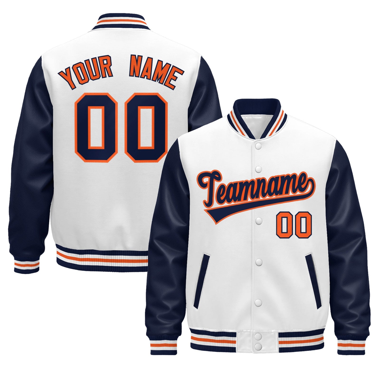 Custom Navy White Orange Raglan Sleeves Varsity Full-Snap Leather Sleeves Letterman Jacket| KXKSHOP